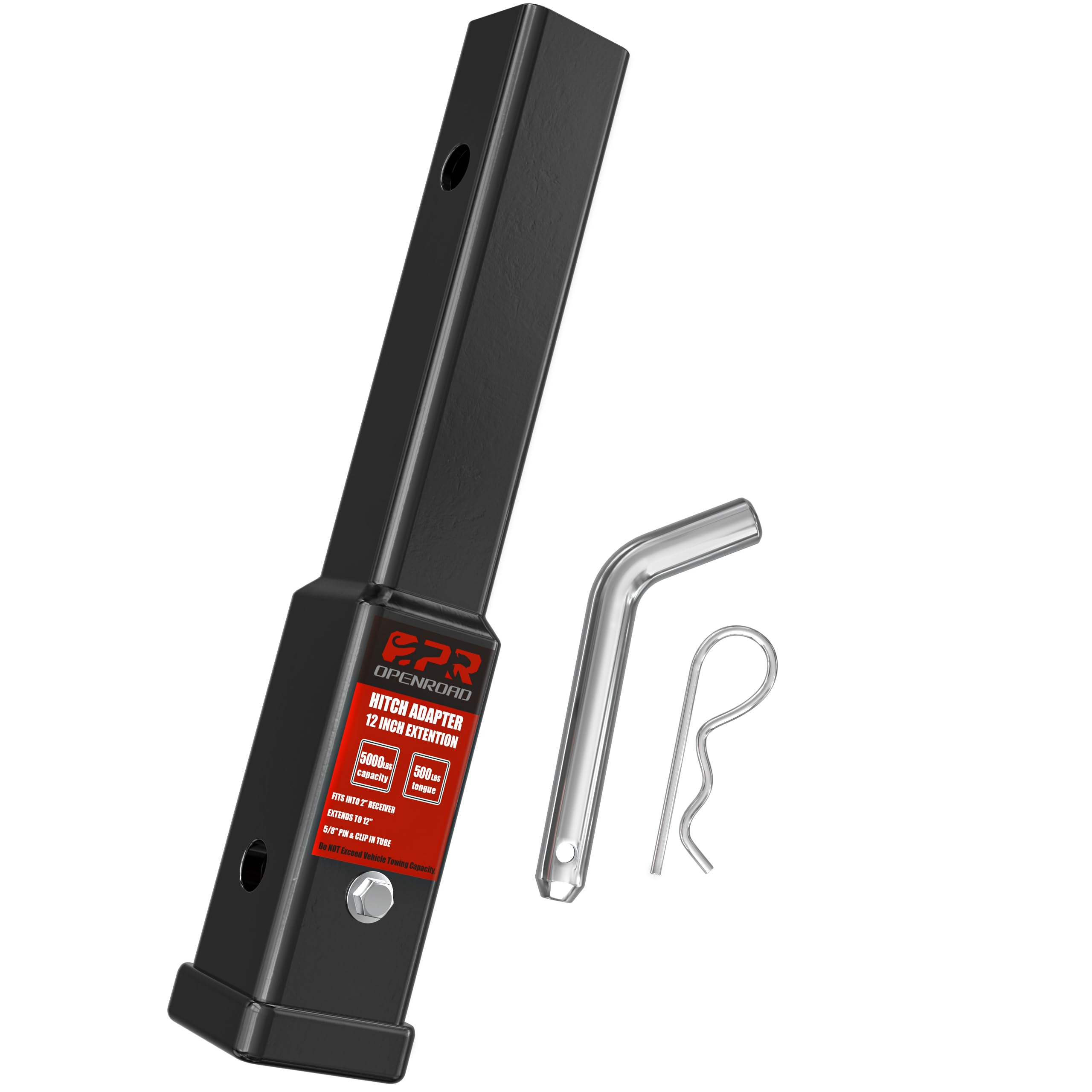 OPENROAD Trailer Hitch Extension，12 inch Hitch Extender Length for 2-inch Receiver Tube Extender,5000lbs GTW,500 lbs TW,Includes 5/8'' Hitch Pin