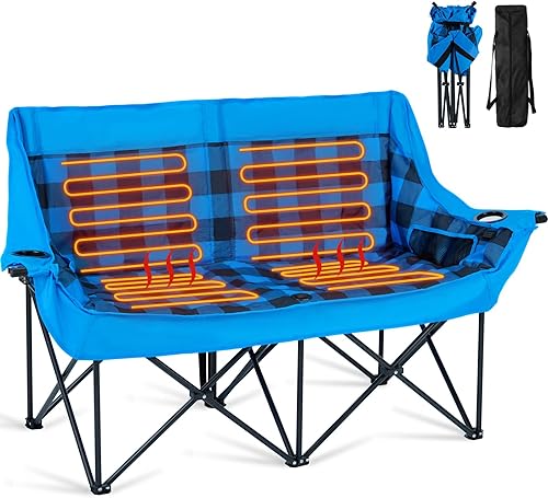 Miniatura 13 de DoCred Silla de Camping Calentada Doble, Sillas Plegables de Camping Calentadas Loveseat para Exteriores y Deportes, Sillas Loveseat Calentadas de
