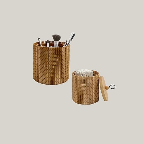 Miniatura 5 de Gekkoli 2er-Set Storage BoxesBaskets with Lids Bamboo RoundRectangle Small Brown (Diameter 8 x Height 8.2  12 x 11.2 cm)
