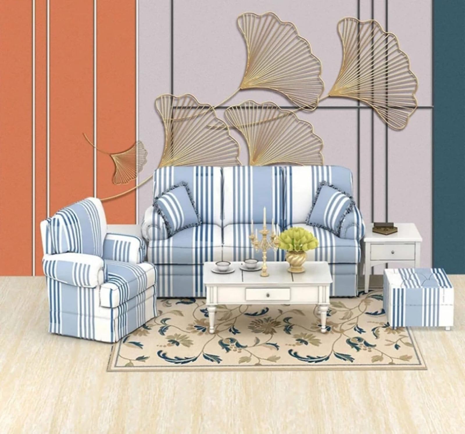 Xlming 350Cm×256Cm(B×H) Luxury Geometric Lines Gold Ginkgo Leaves 3D Wallpaper Luxury Home Dining Decor Paste Sofa Living Room The Wall For Bedroom Mural-350Cm×256Cm