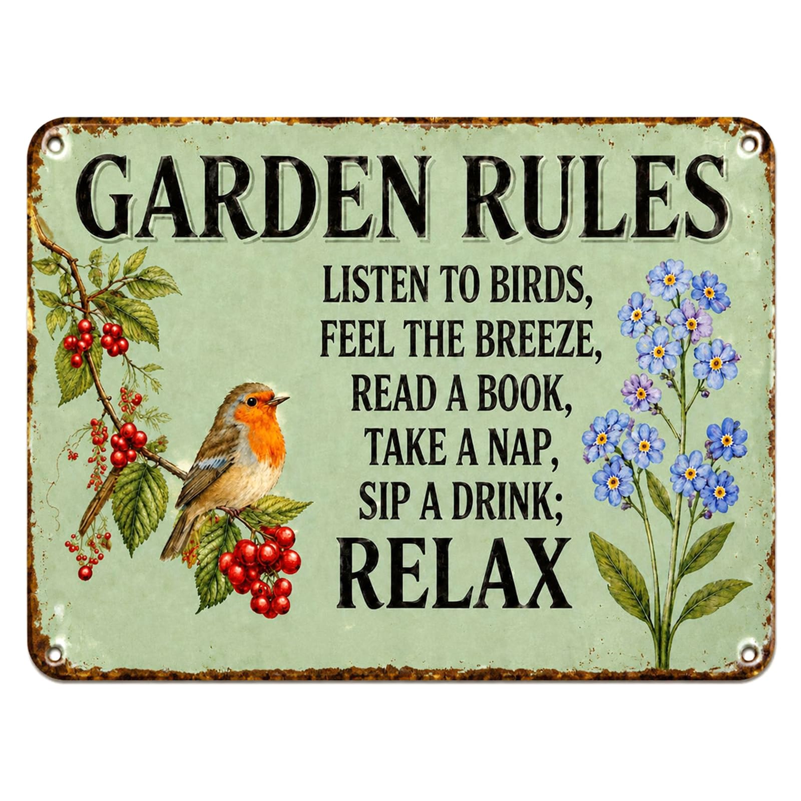 Garden Rules Tin Sign, Vintage Mental Sign with Robin Patterns, Rustic Garden Plaques for Fence, Yard and Porch Decor, Premium Wall art for Women, Delicate Gardening Gifts for Housewarming