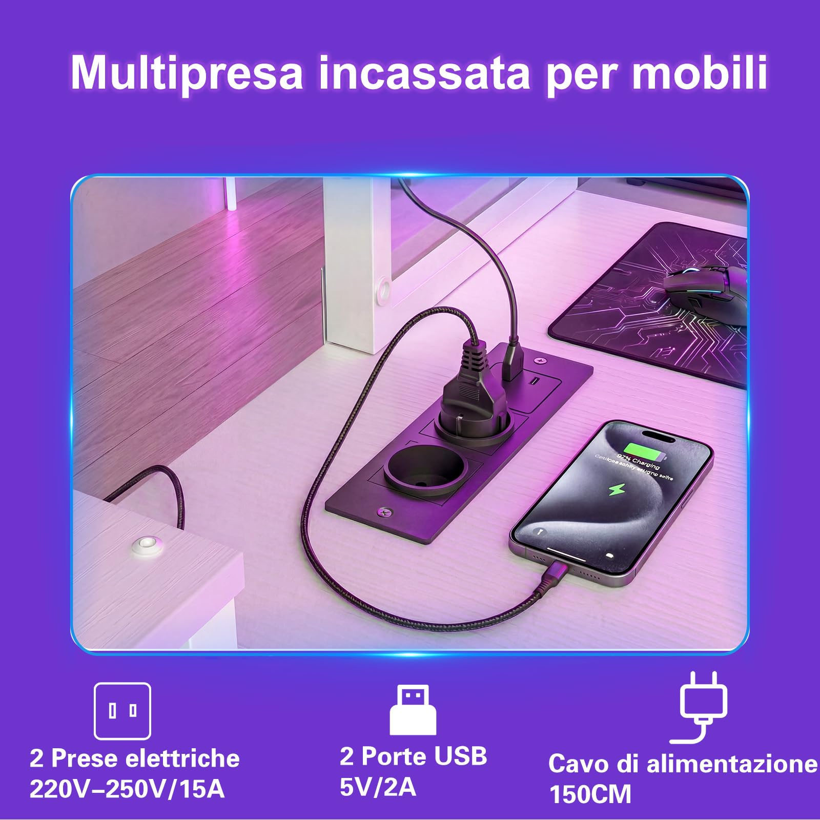 Homieasy Scrivania Gaming Angolare 124cm con LED e Prese, Bianco | Reversibile, Libreria, Supporto Monitor e Borsa, Salvaspazio, Metallo e MDF