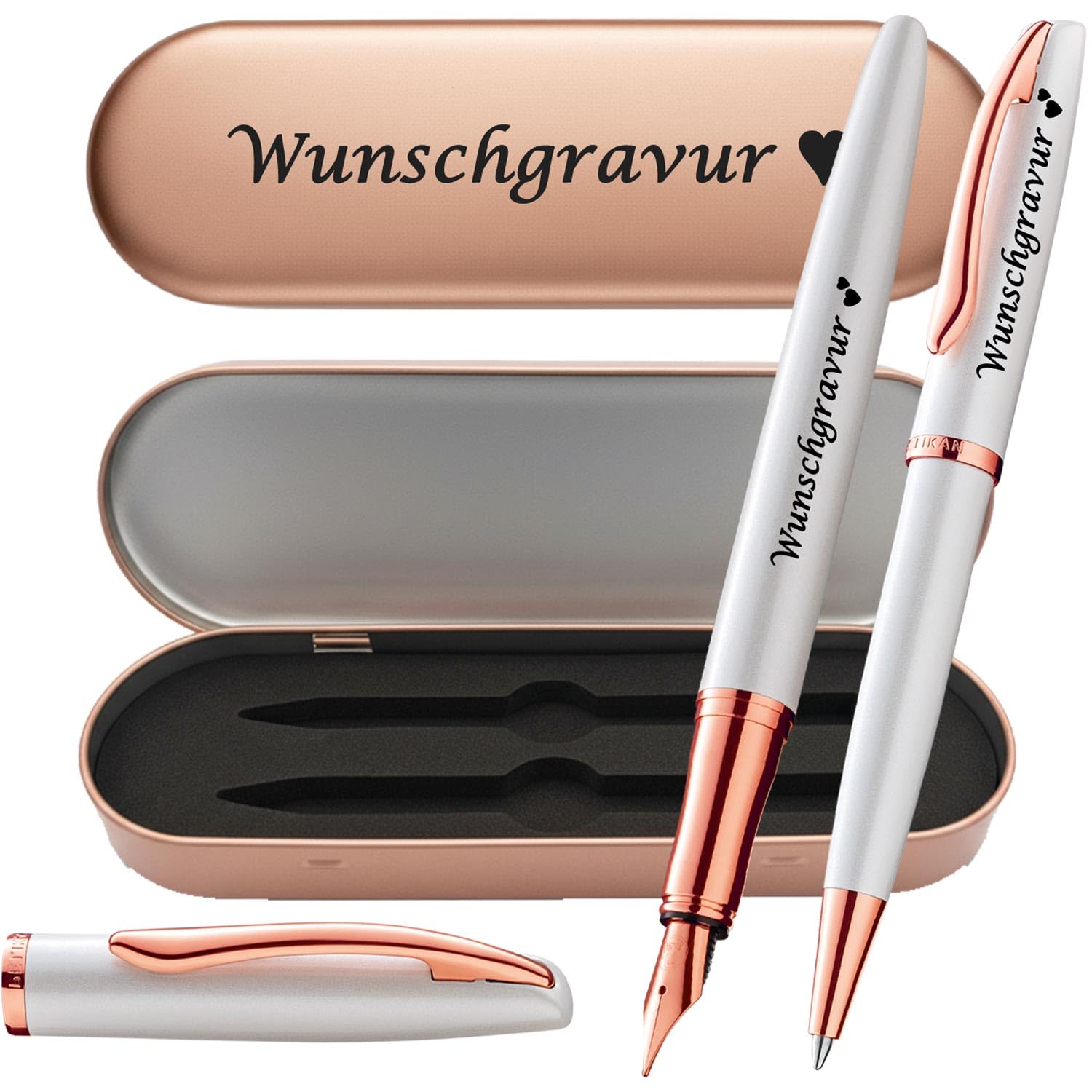 Pelikan Schreibset Füller & Kugelschreiber Jazz® Noble Elegance mit Wunschgravur | inkl. Geschenkeuti | Emoji Gravur | Perlmutt Weiß Schreibset mit Gravur PS202