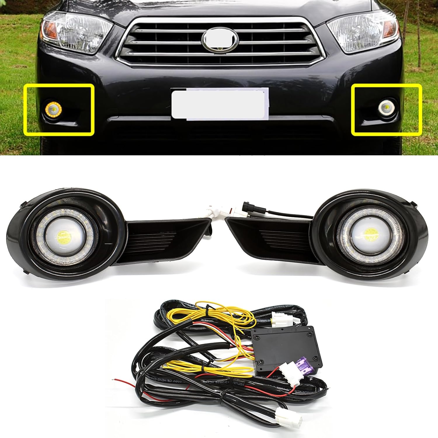 LED Fog Lights Fit for 2008 2009 2010 Toyota Highlander White DRL with Amber Sequential Turn Signal Driving Lights Front Bumper Headlight Replacement