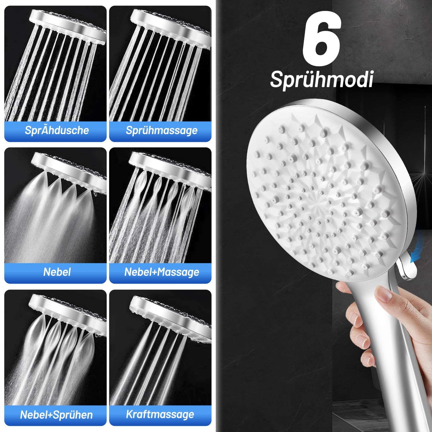 VEHHE 6-Stufen Duschkopf Set – Mit 11,9 Cm Panel & Edelstahlschlauch, Wassersparend