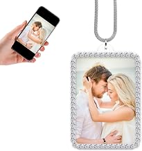 Custom Photo Car Rearview Mirror Ornament – Personalized Double-Sided Acrylic Pendant with Rhinestone Trim – Hanging Picture Charm, Memorial Gifts for Couples, Men & Women (White)