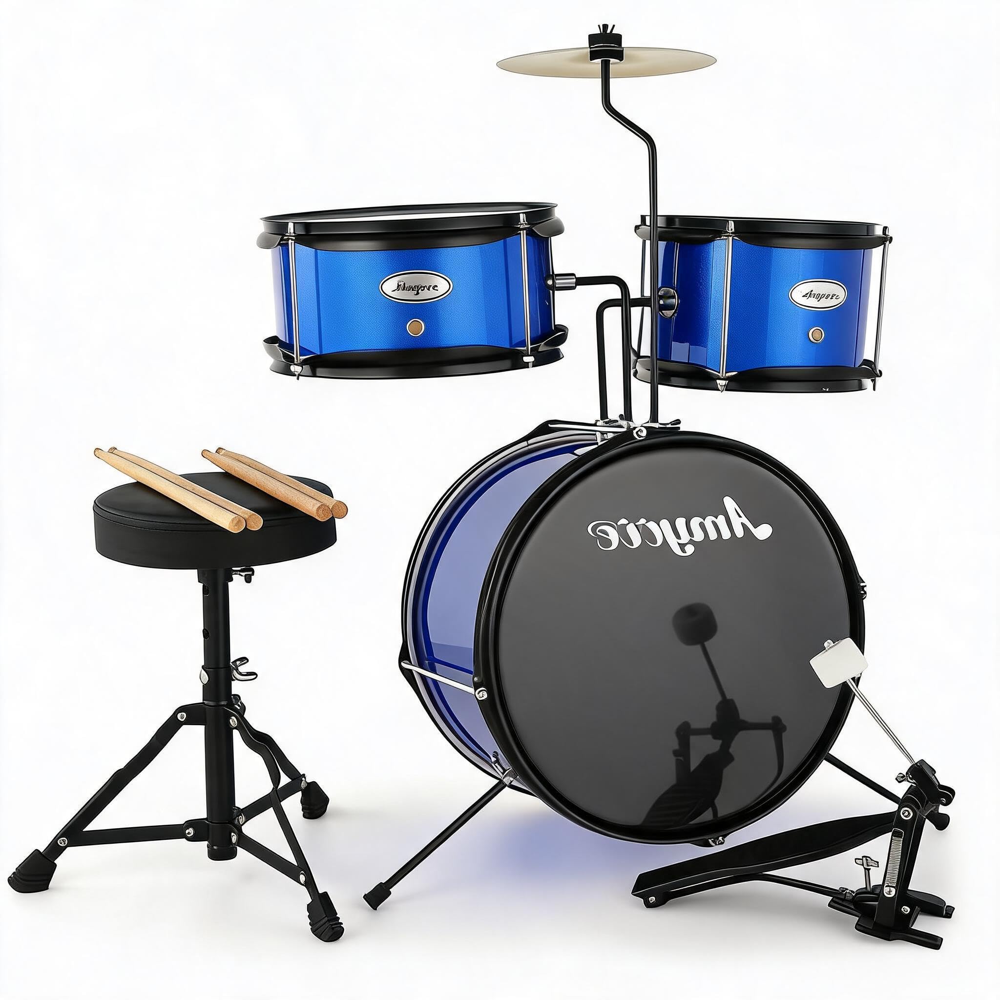 GarveeHome Set batteria per bambini 3 pezzi – Completo con grancassa, tom, piatti, sgabello, bacchette, pedale – Perfetto per principianti jazz/rock – Strumento a percussione musicale didattico –