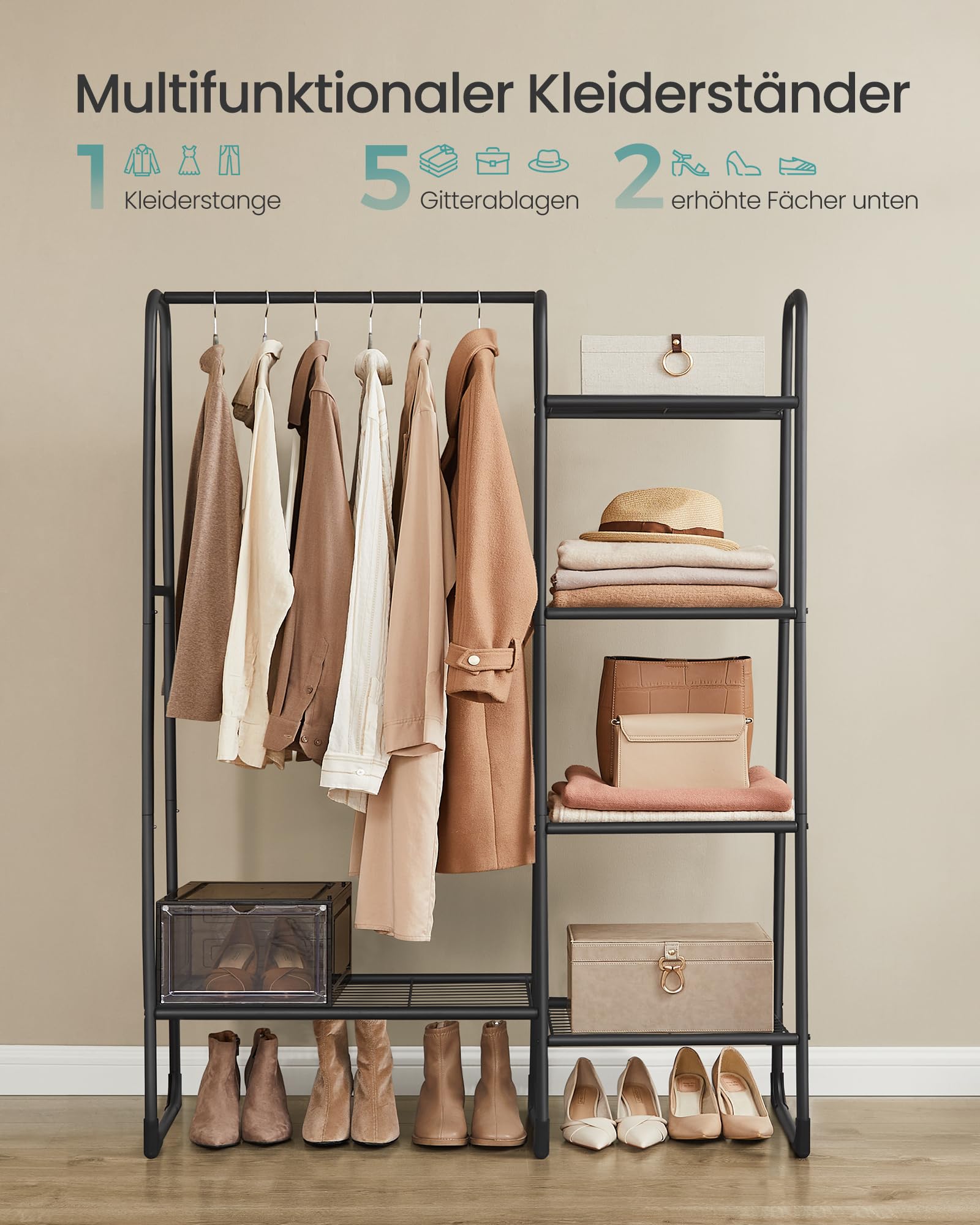 SONGMICS Kleiderständer, Wäscheständer mit 5 Ablagen, Metallrahmen, 40 x 101,7 x 153,3 cm, für Schlafzimmer, Wohnzimmer, Eingangsbereich, tintenschwarz HSR138B01