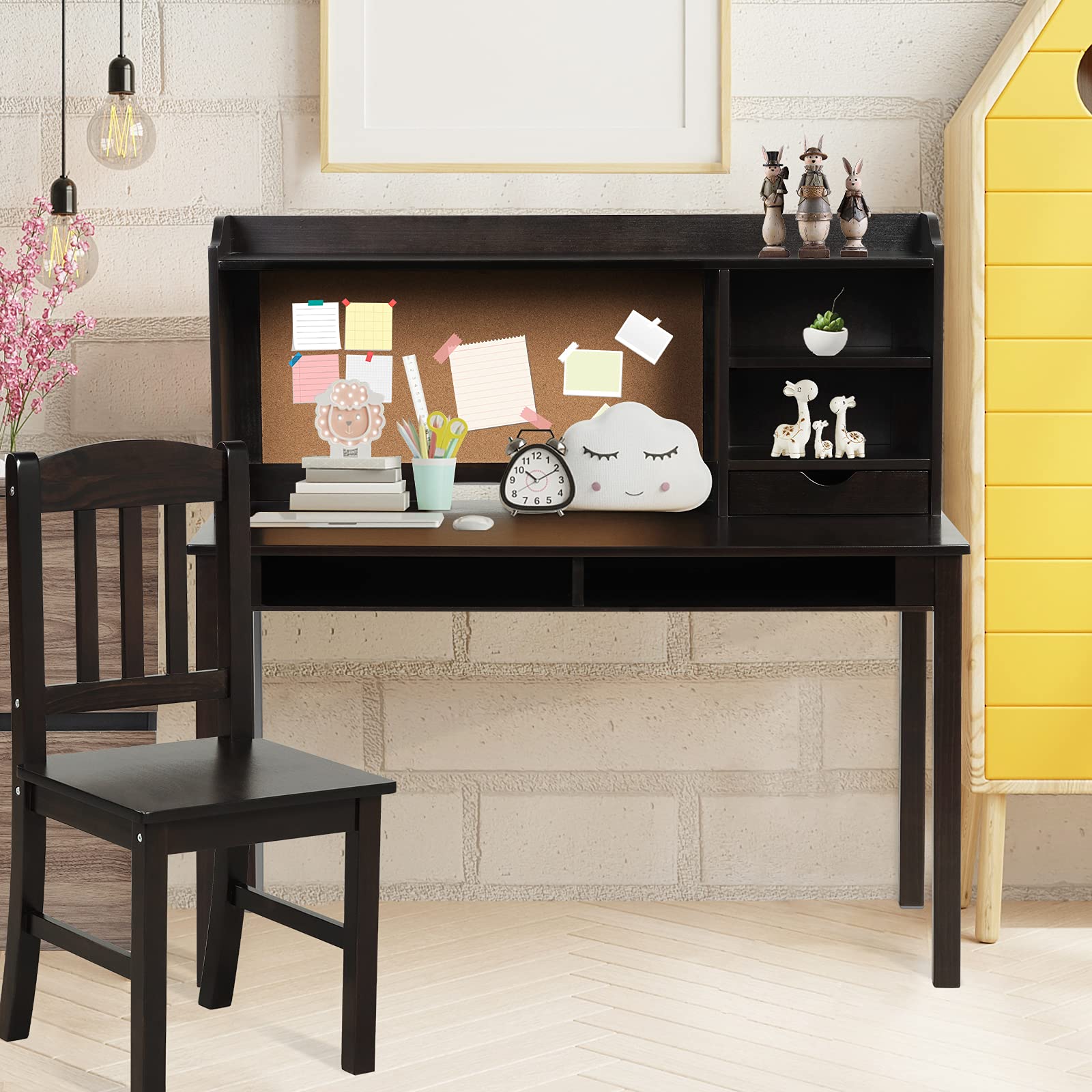 LIFEZEAL Kinderschreibtisch mit Stuhl Set, Multifunktionaler Kinderlerntisch Holz mit Regal & Schublade & Pinnwand, Tischset und Stühle Schüler für Kinderzimmer (Braun)