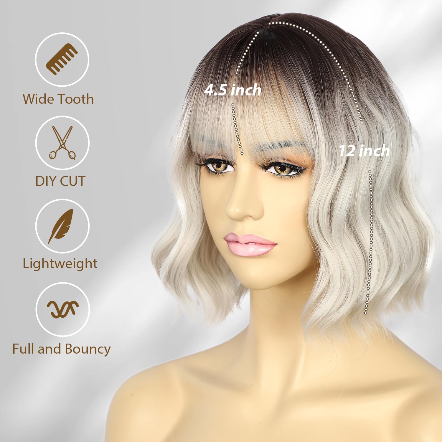 Sapphirewigs Silver Wig Synthetic Short Wavy Bob Wig Fringe Ombre Grey Dark Roots Daily Party Date Christmas Halloween Natural Looking Hair 12 inch - Image 3