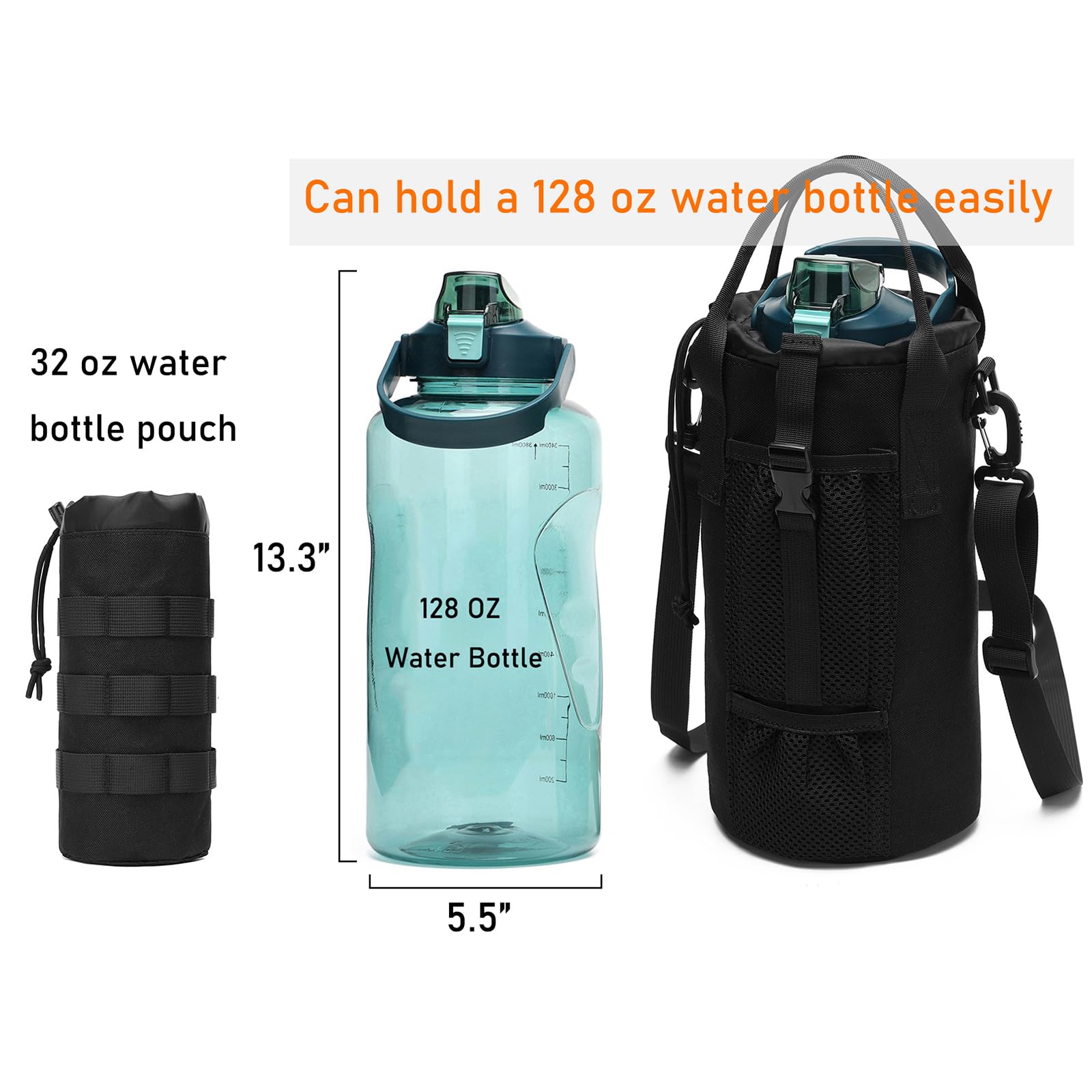 Tactical Molle Water Bottle Pouch 6L/170 oz Columnar EDC Bag Holder with Shoulder Strap and Handle (Black)
