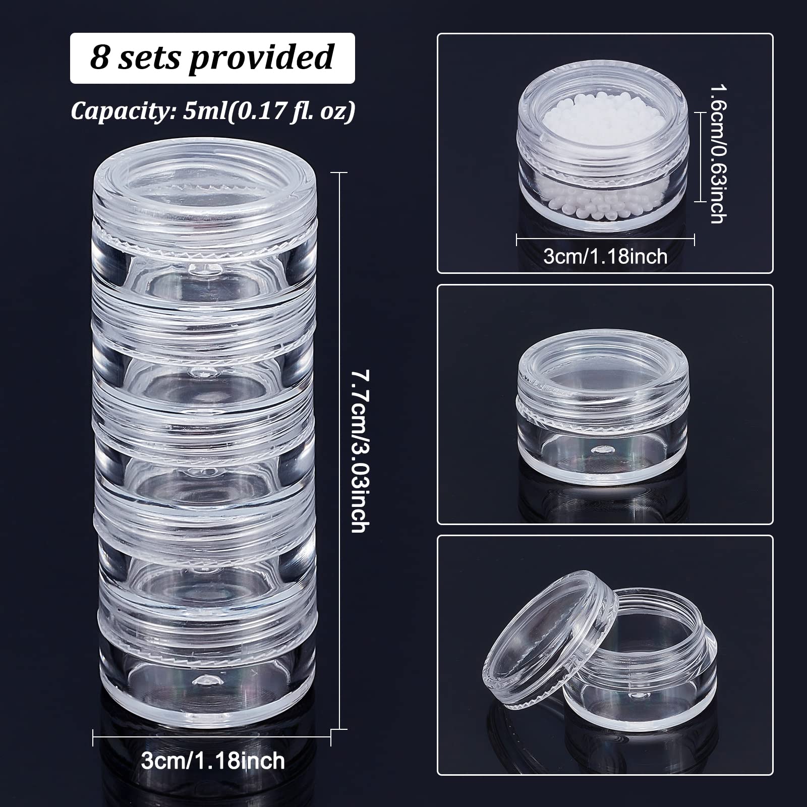 BENECREAT 5G/5ML Stackable Round Plastic Containers 8 Column(5 Layer/Column) Bead Storage Jars for Seed Beads, Diamond Drills and Other Jewelry Components