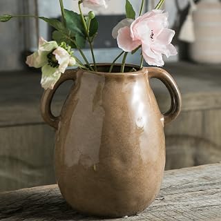 Tanvecle Brown Ceramic Vase with 2 Handles - 7" Modern Farmhouse Rustic Terracotta Pottery, Waterproof Flower Vase for Dining Table Centerpiece