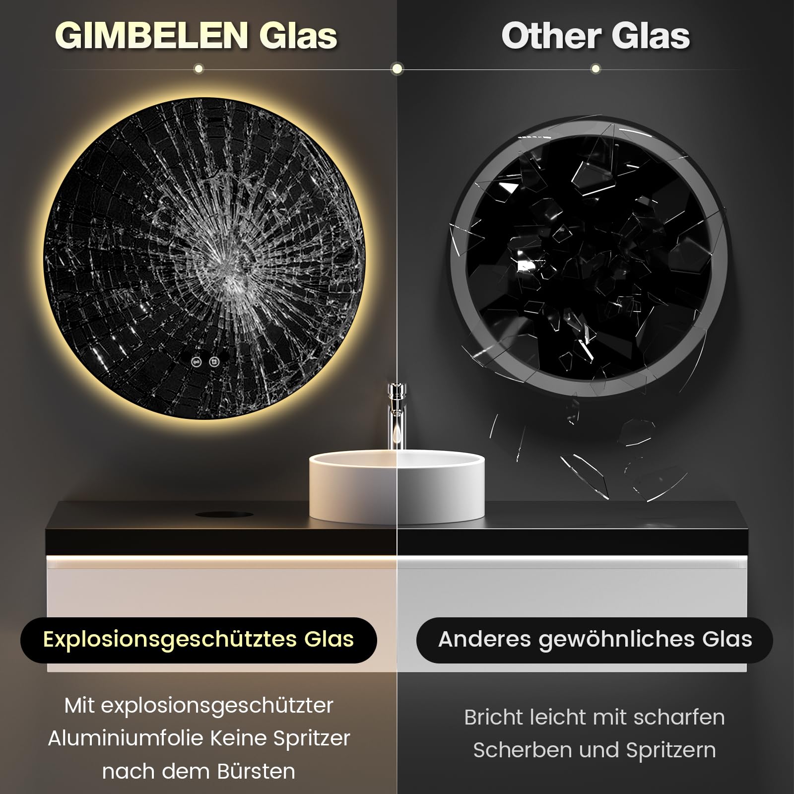 Badezimmerspiegel mit Beleuchtung, 60 cm Runder Badspiegel mit Beleuchtung, 3 Lichtfarben, Dimmbar, Touch-Schalter, Speicherfunktion, Energiesparend, LED Spiegel Bad Wandspiegel mit Licht