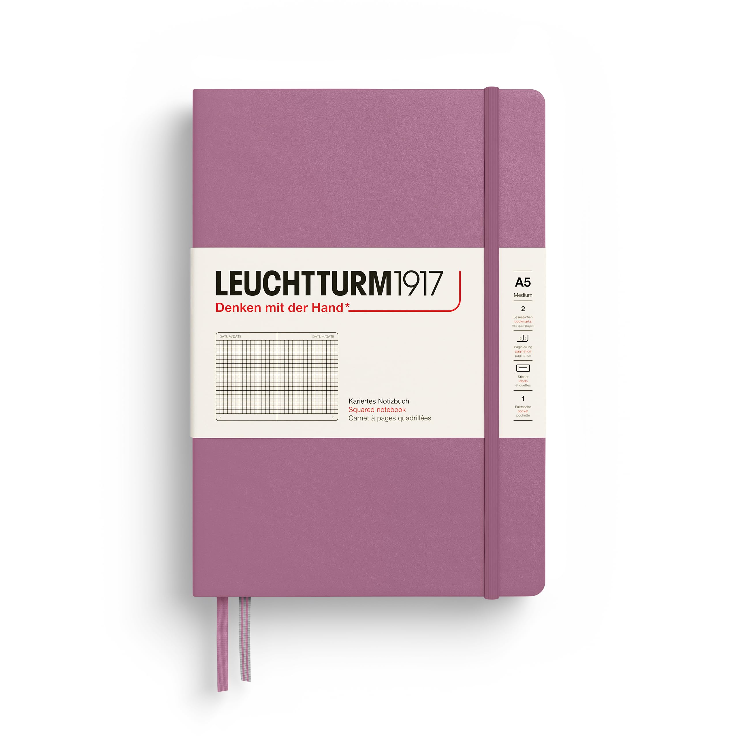 LEUCHTTURM1917 372187 Libreta Medium (A5) 145 x 210 mm, Tapa Dura, 251 páginas numeradas, Dusty Rose, Cuadriculada