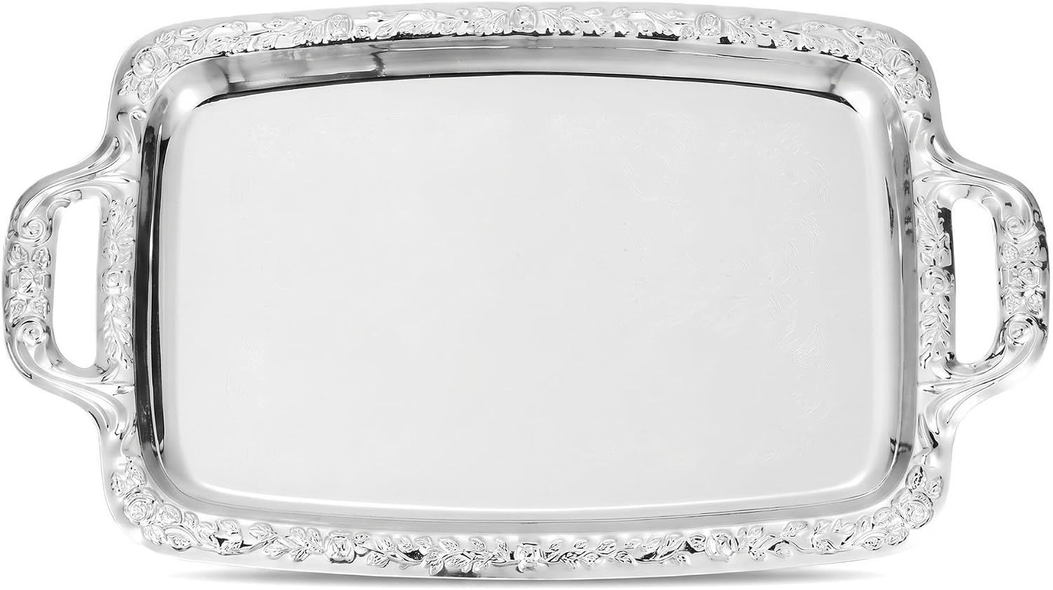 Cabilock Vintage Silver Tray with Handle, Rectangular Metal Serving Platter, Decorative Food Dish for Coffee Bar, Home Decor & Kitchen Countertop Organizer