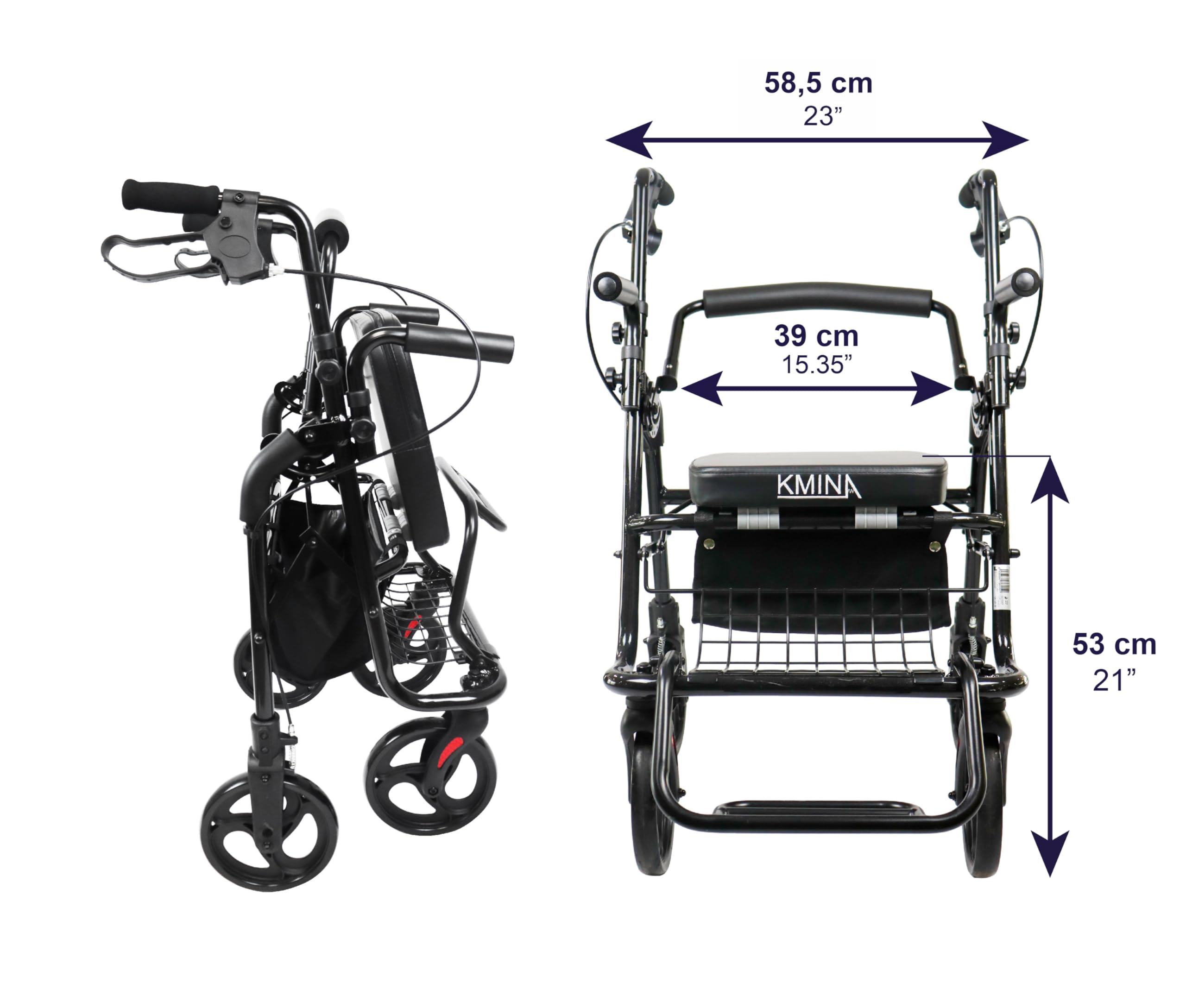 KMINA Rollator Rollstuhl 2 in 1 für Glatte Böden, Faltbarer Gehwagen mit Sitz und Korb, Seniorenrollator mit Rollstuhlfunktion, Leichtes Aluminium, Schwarz