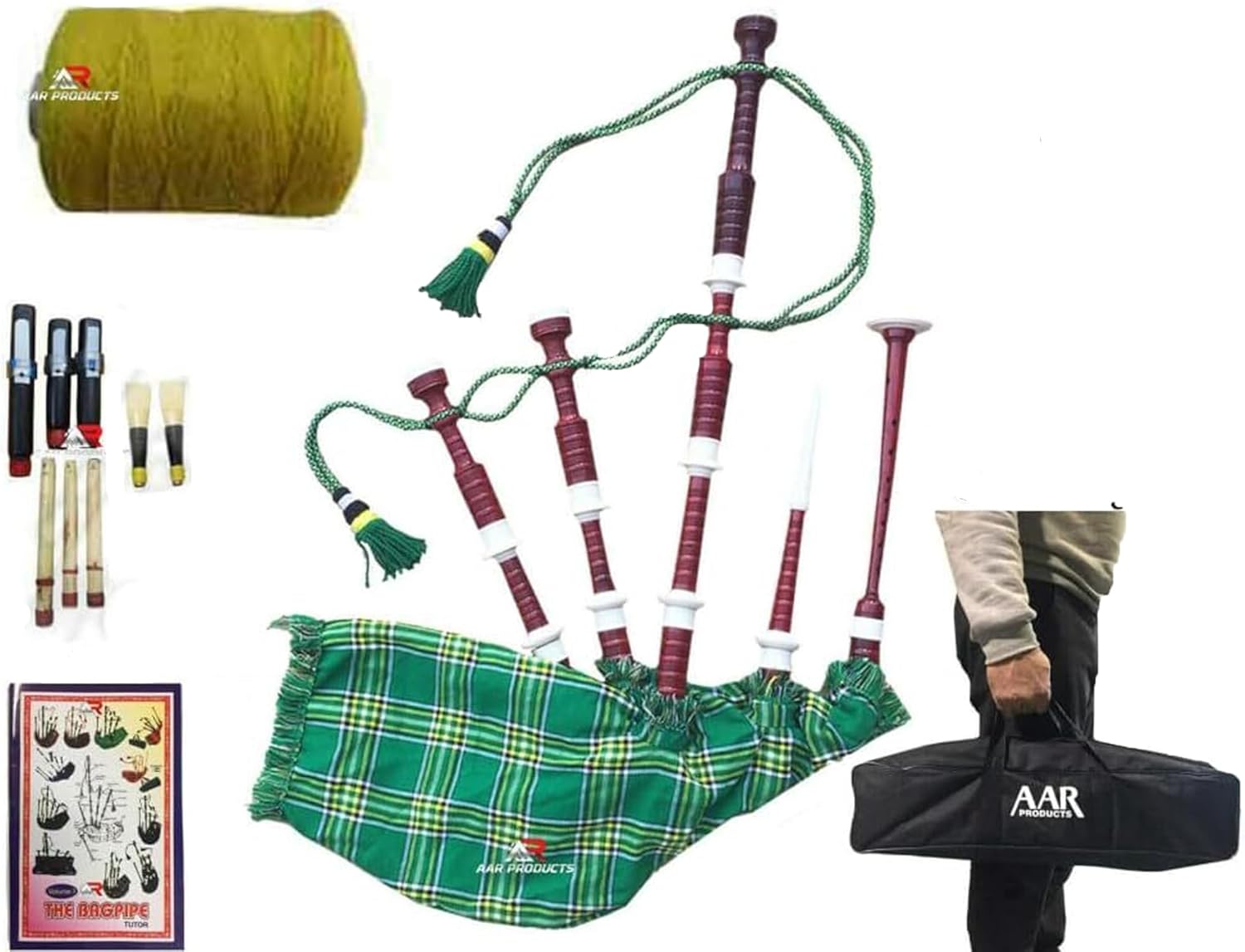 AAR Scottish Full Size Bagpipe Sheesham wood or Black Finish with Silver Plain Mounts Free Tutor Book, Carrying Bag, Drone, Reeds (Irish Green)