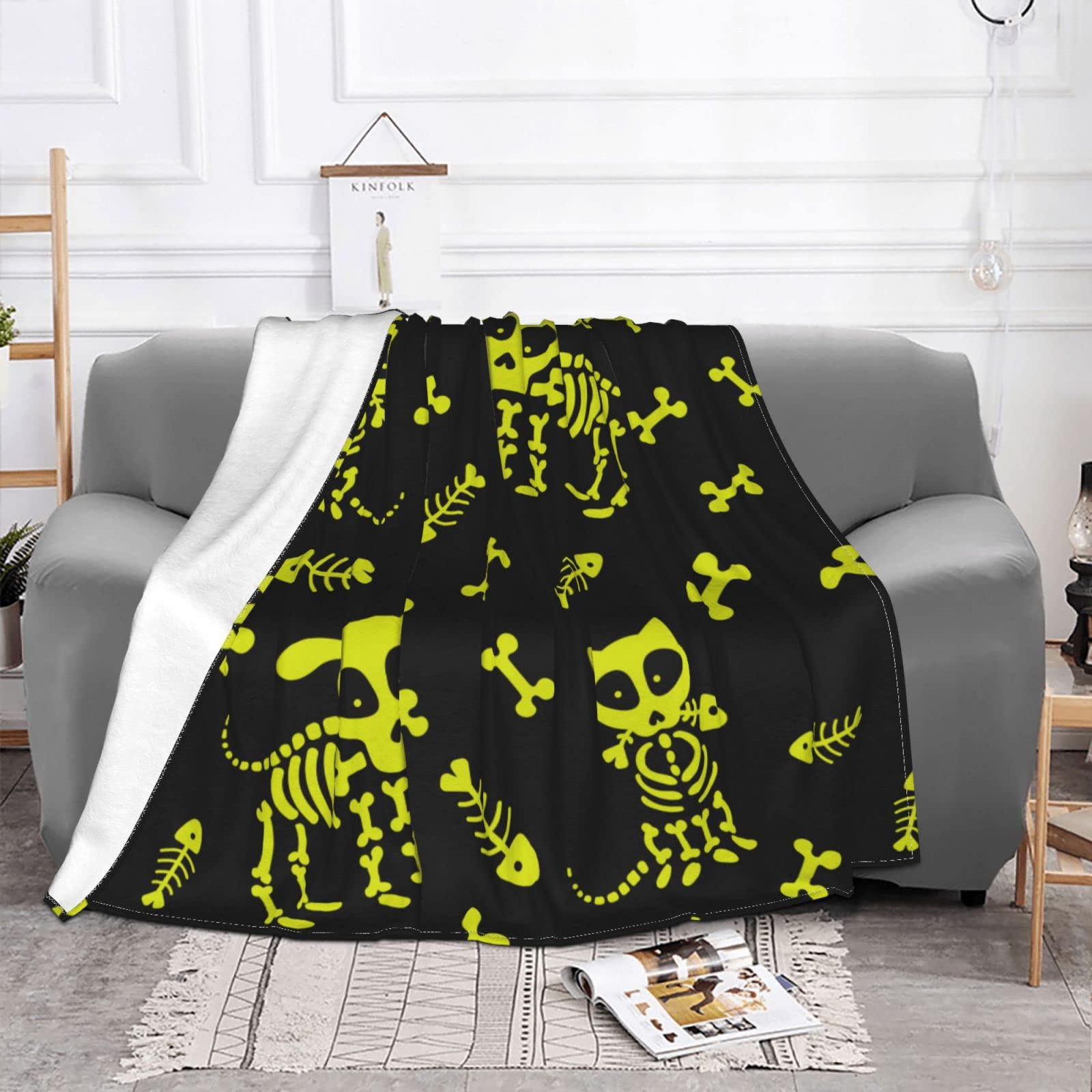 Drôle Chat Chien Squelette crâne os Mignon Doux jeté Couverture Polaire floue Confortable Doux Flanelle Peluche Confort Chaleur pour lit canapé canapé Toutes Saisons Utilisation 80"x60"