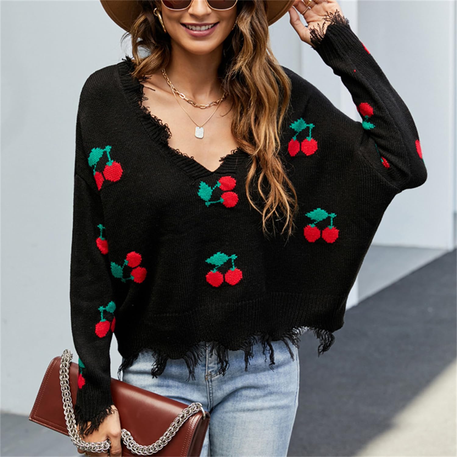 Strickpullover Damen Zerrissene Kurz Pullover Langarm V Ausschnitt Oberteil Loose Feinstrick Pulli Y2K Jumper mit Blumenmuster Quasten Strickpullover Streetwear