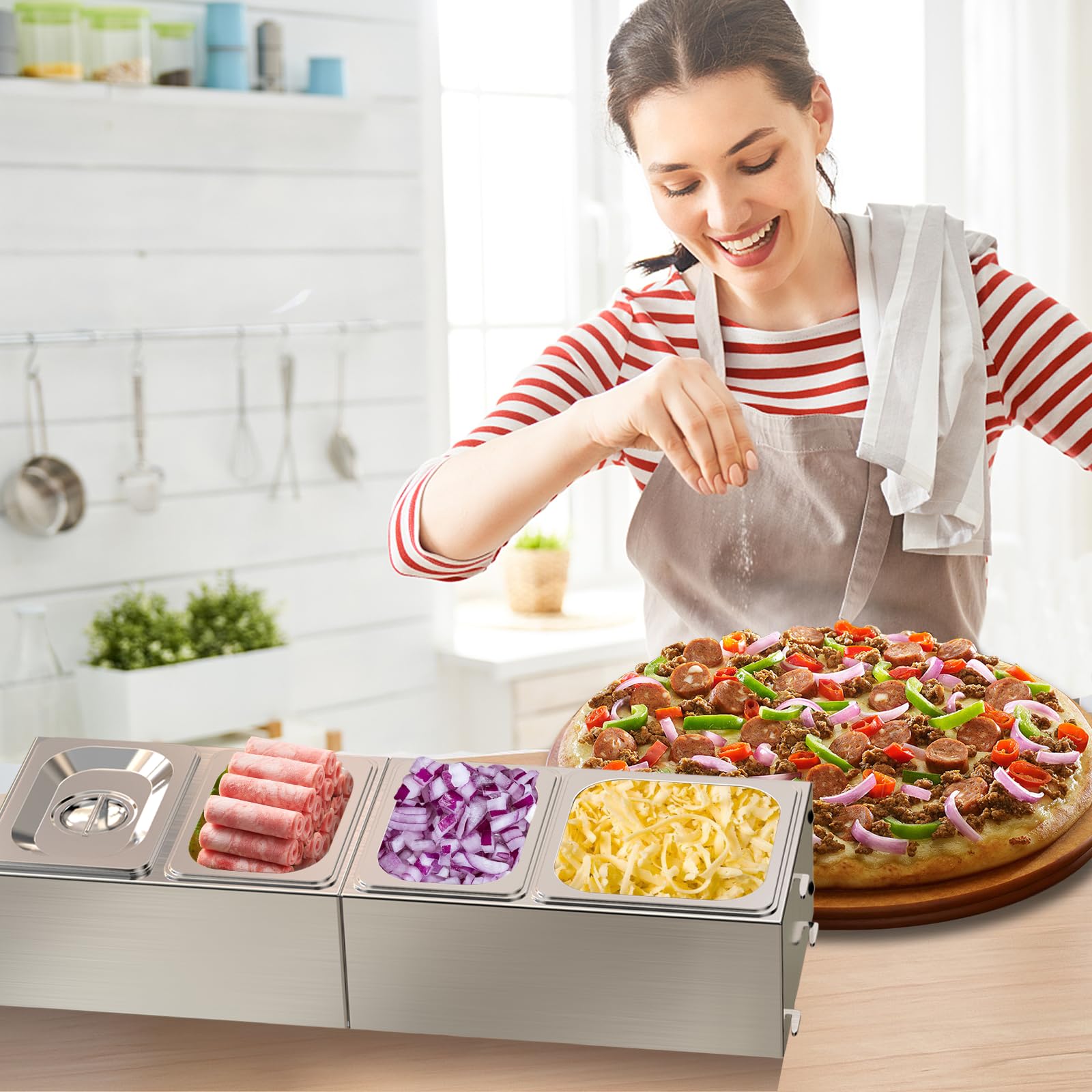 Denmay Contenedor de ingredientes para pizza, recipiente de acero inoxidable con tapa, recipiente de guarnición para barbacoa y cocina, accesorios de pizza de acero inoxidable, 1 grande + 3 piezas