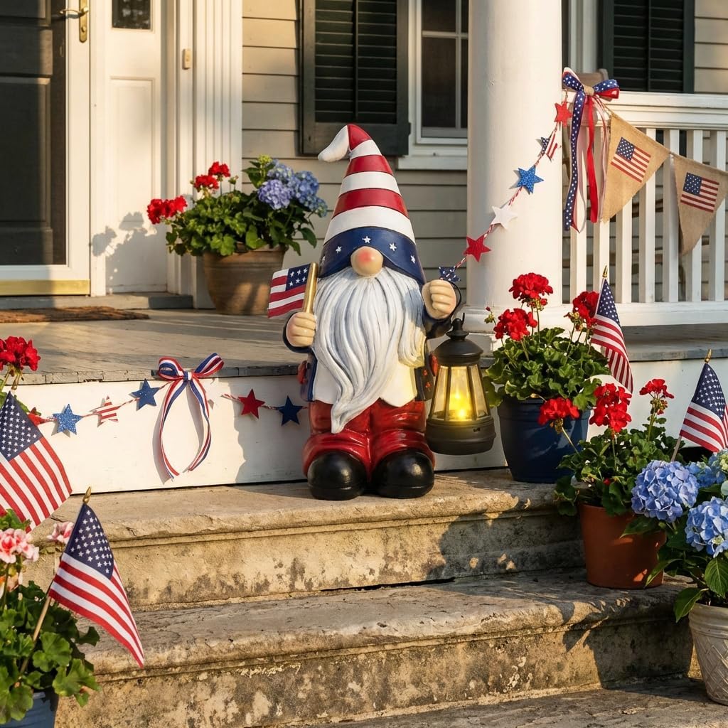 TERESA'S COLLECTIONS 4th of July Gnome Decorations with Solar Lantern, Memorial Day Decorations Resin Patriotic Garden Gnome Holding American Flag, USA 250th Anniversary Independence Day Gift 8"