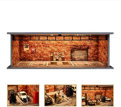 1/64 Diorama Diecast Car Garage Model, LED Lighting Parking Lot Scene Display Case, Hot Wheels Model Cars Scene Display Storage, Diorama Model Kit Vintage Garage