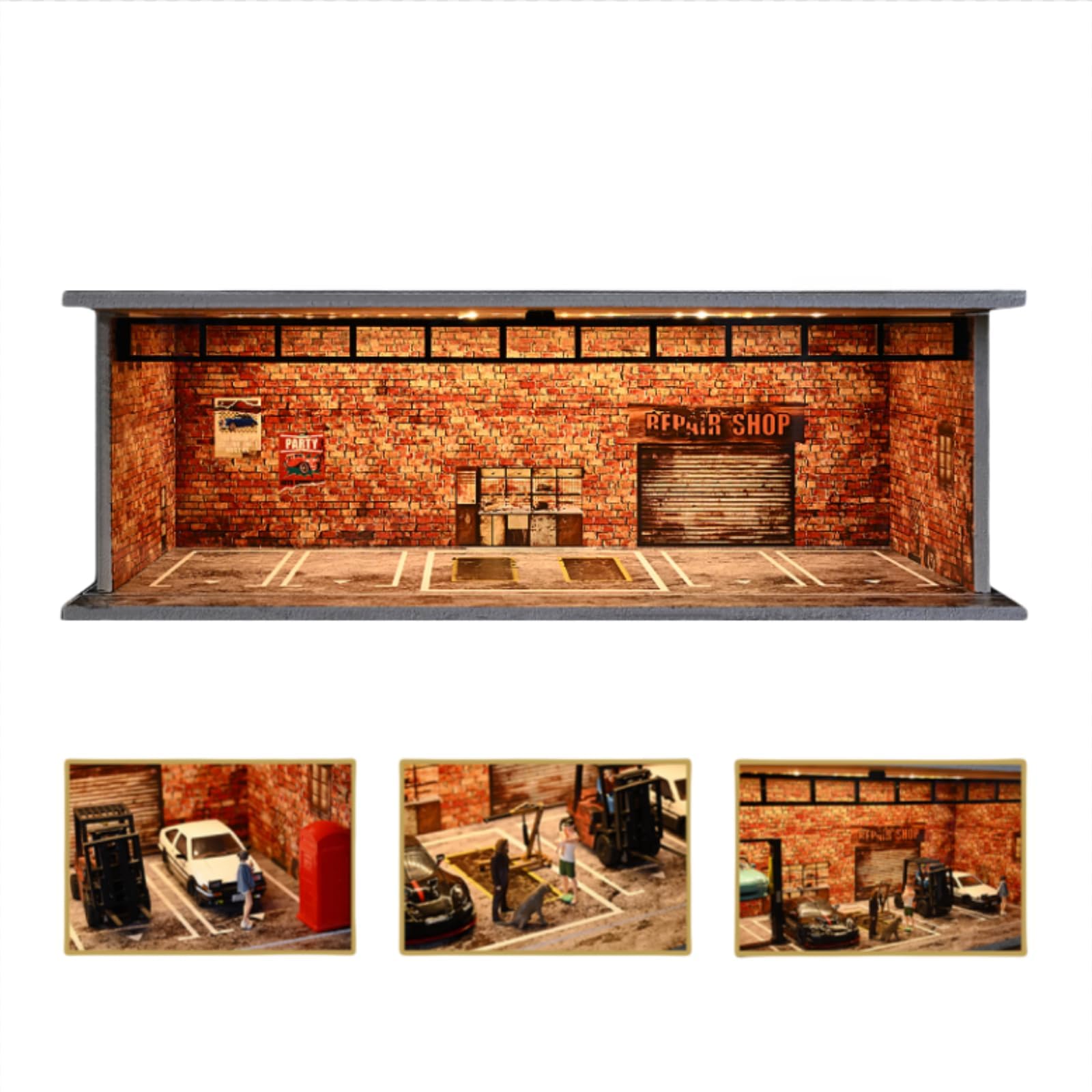 Diorama 1/64 modello auto garage, illuminazione a LED, vetrina per parcheggio, in mattoni rossi, modellini di auto pressofuso, kit modello diorama (garage vintage)