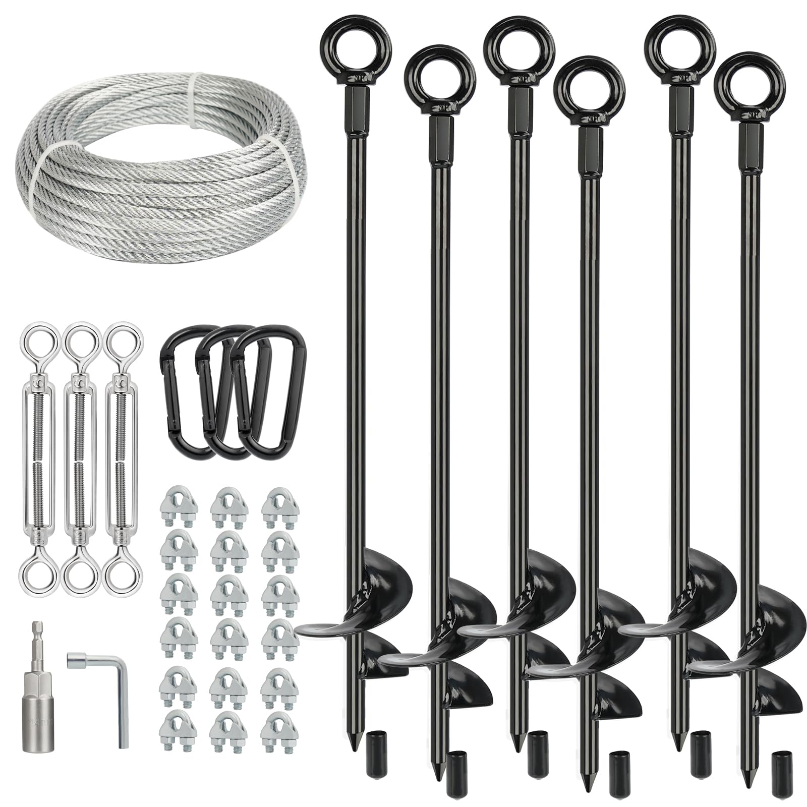 6 Pcs 30" Long Ground Anchors Shed Anchors Kit with 3/16" Galvanized Cable &amp; Turnbuckles &amp; Carabiners, Heavy Duty Earth Anchors for Sheds Trees Trampoline Greenhouse Swing Set Tent