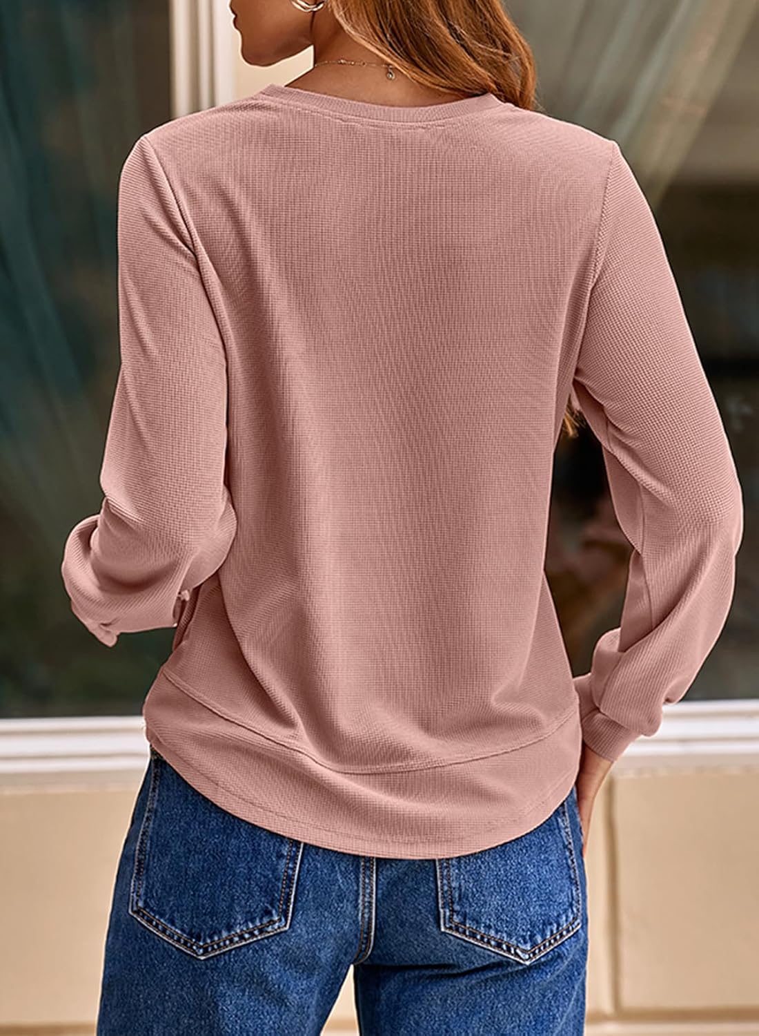 Dokotoo Women's Crew Neck Long Sleeve Shirts Waffle Knit Loose Tops Basic Tees 2026 Casual Comfy Fall Outfits Clothes - Image 6