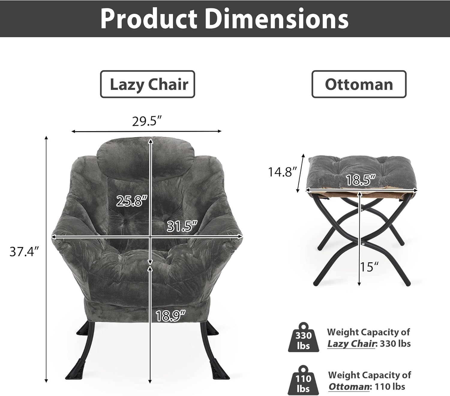 Youtanic Lazy Chair with Folding Ottoman, Accent Chair Plush Upholstered with Metal Structure and Non-Slip Pads, Sofa Armchair with Footrest and Side Storage Bag for Dorm, Room, Office, Dark Gray