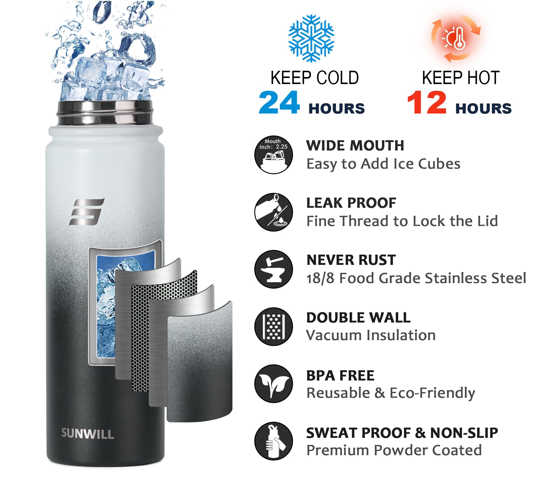 SUNWILL Stainless Steel Water Bottle with Straw, 650ml Insulated Water Bottle Metal, Leakproof Water Flask for Gym & Travel - Image 3