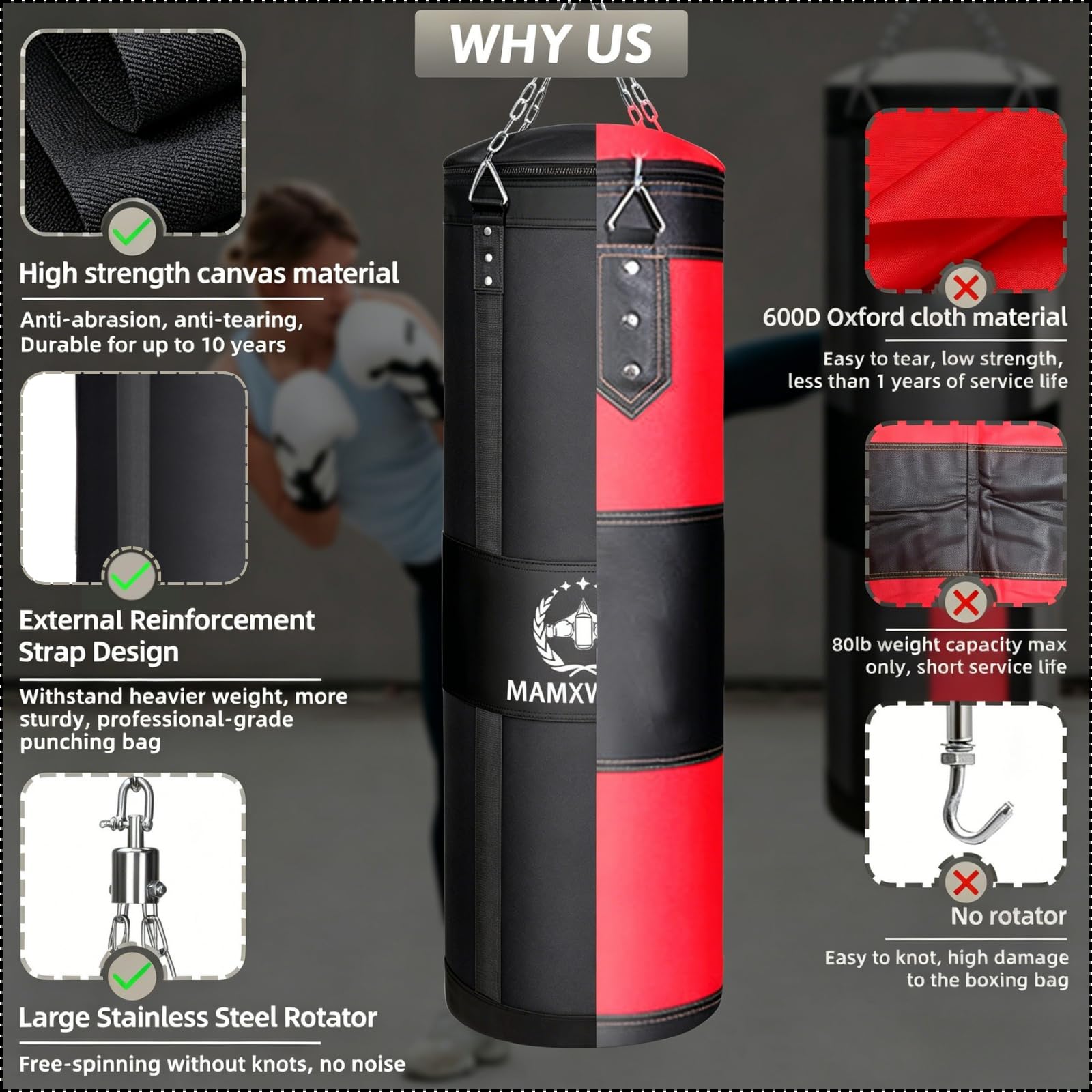Canvas Boxsack für Erwachsene, 120 cm Schwerer Punchingsäcke Aufhängen Ungefüllt, Canvas Punching Bag Maximales Tragkraft 80kg