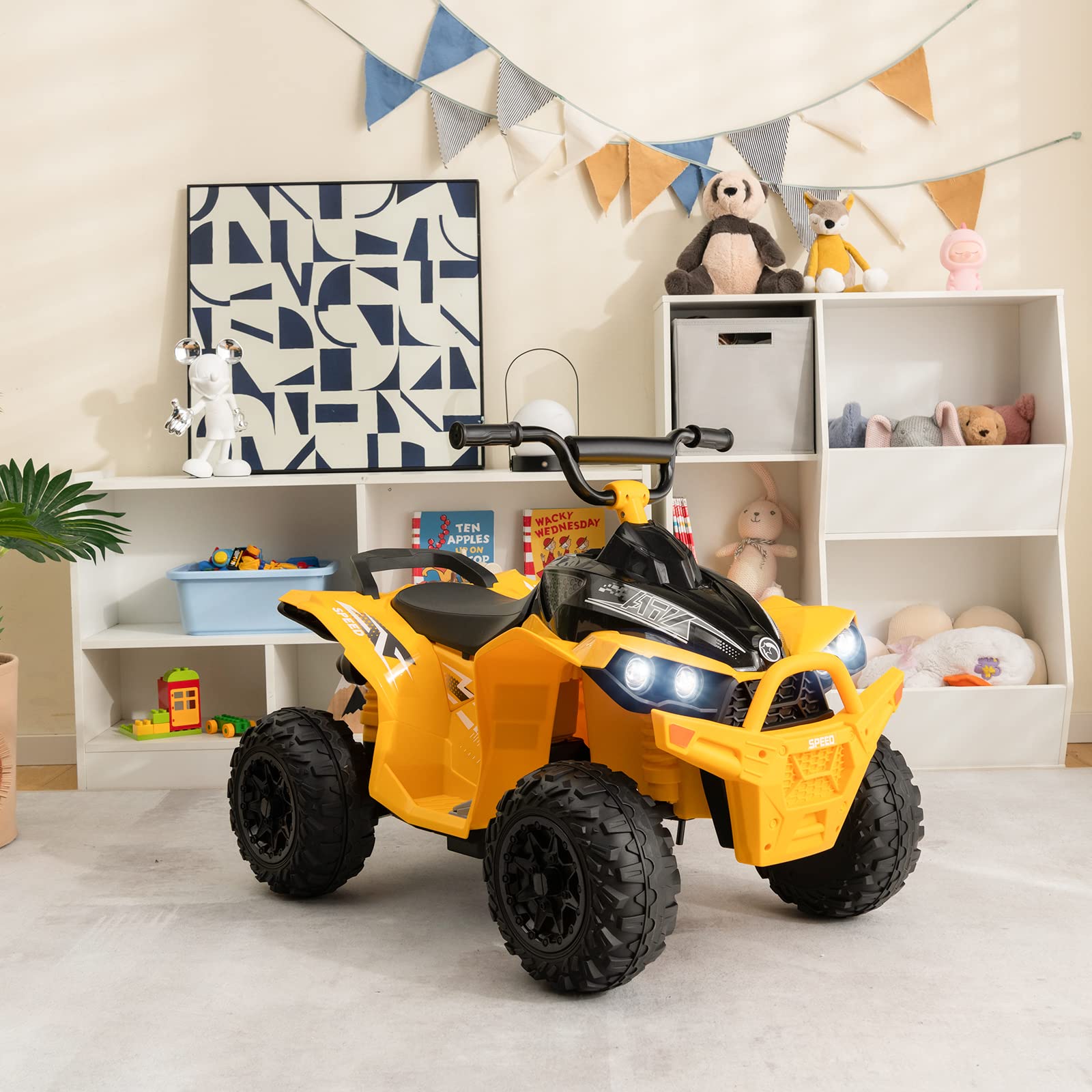 COSTWAY 12V Elektro Kinderquad, Elektroquad mit 2,2/4,3 KM/H Geschwindigkeit, Kindermotorrad mit Hupe, Musik & LED-Leuchten, Elektro Quad für Kinder von 3 bis 8 Jahren (Gelb)