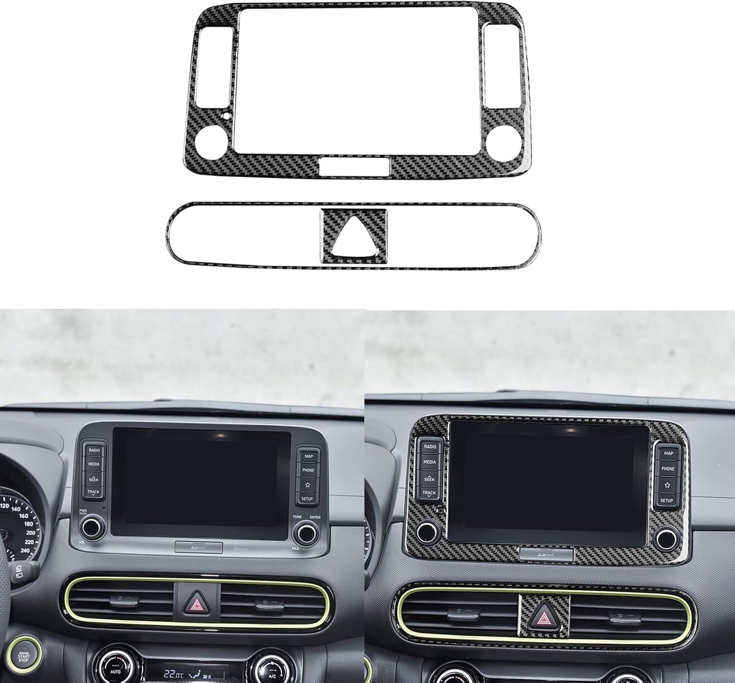 Car Dashboard GPS Screen/AC Vent Outlet Control Panel Sticker Set Compatible with Hyundai Kona(OS) 2018 2019 2020 2021 2022 2023 Real Soft Black Carbon Fiber Auto Interior Accessories Trim