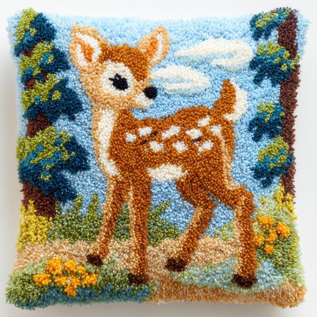 WallustrioaW Latch Hook Pillow Case Kits,Deer 17X17 Inch Latch Hook Cushion Cover Kit,Knitting Kits Cushion for Adults Rug Making Kit for Starters