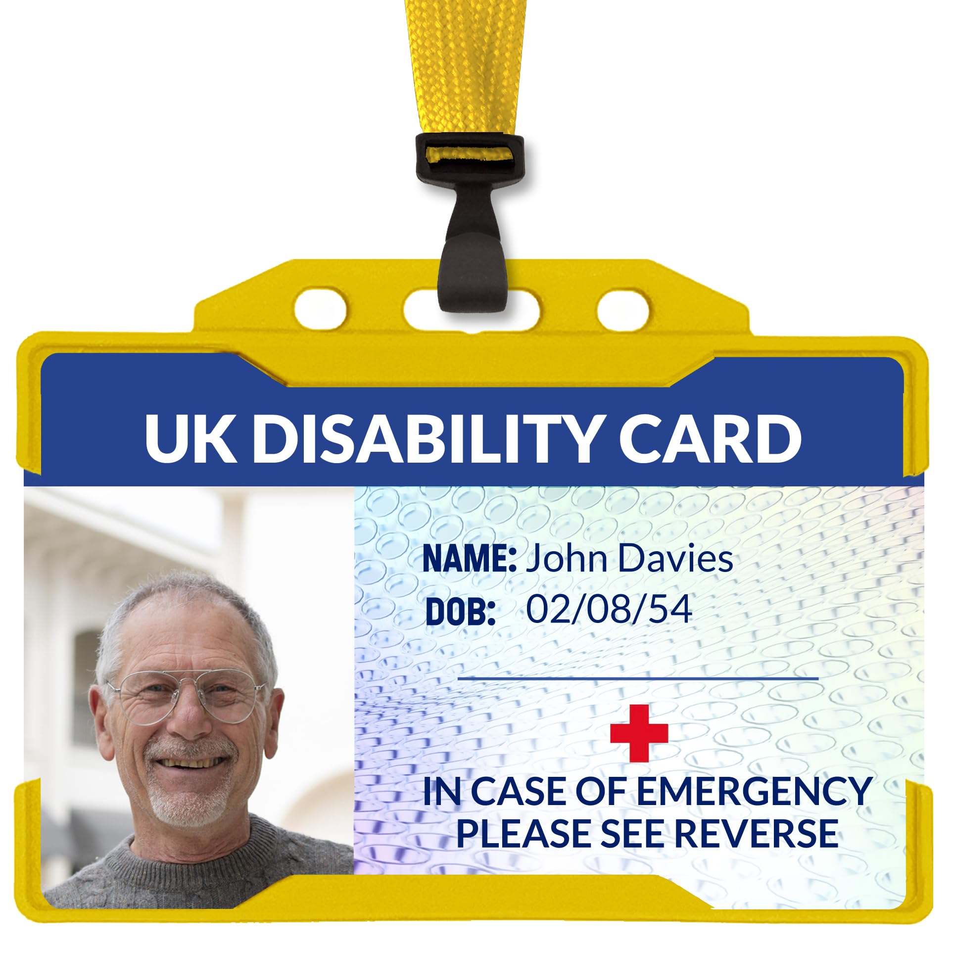 UK Disability Card - Hidden Disability ID Card - Disabled Identity Badge - Conditions, Medications and Emergency Contacts on Reverse - Disability Card ID with Holder, Lanyard, or Lapel Clip