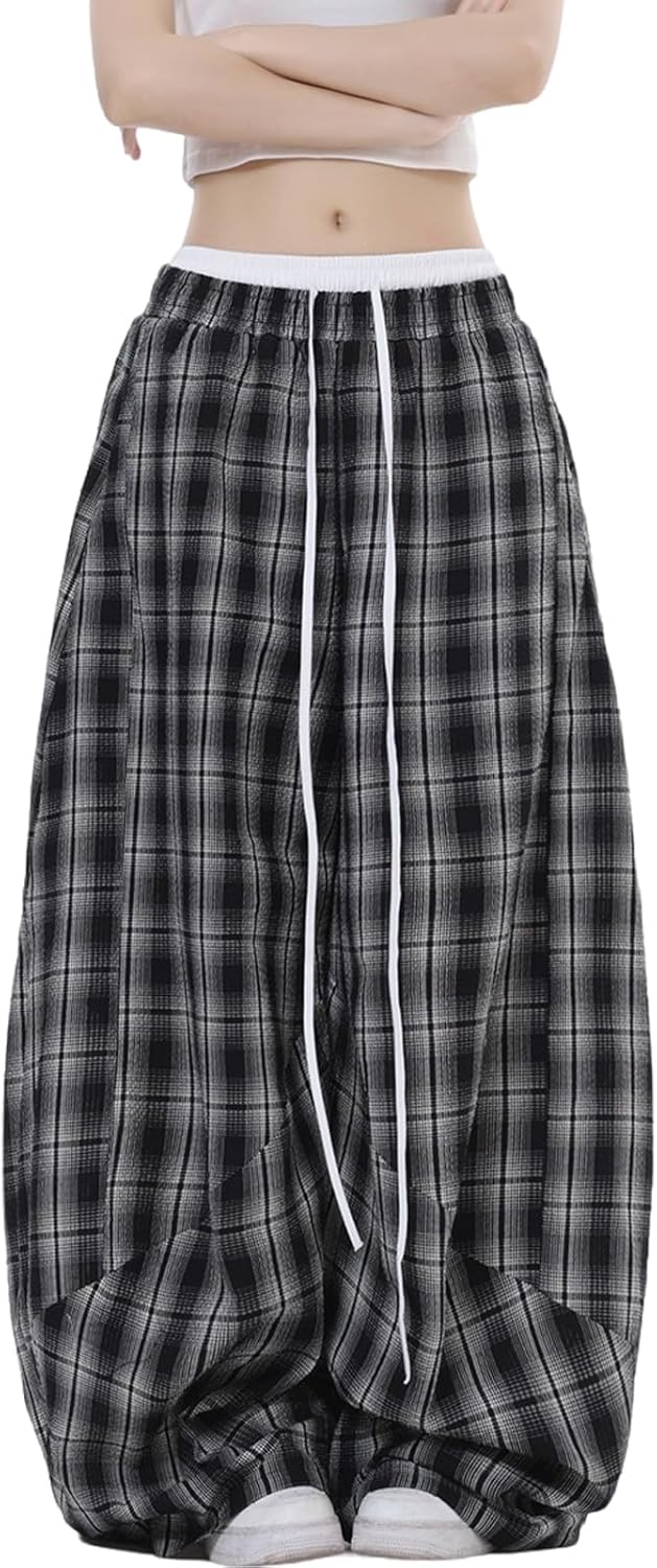 Women's Plaid Loose Wide Leg Pants Drawstring Elastic Waist Casual Baggy Trousers Trendy Y2K Streetwear with Pockets - Image 3