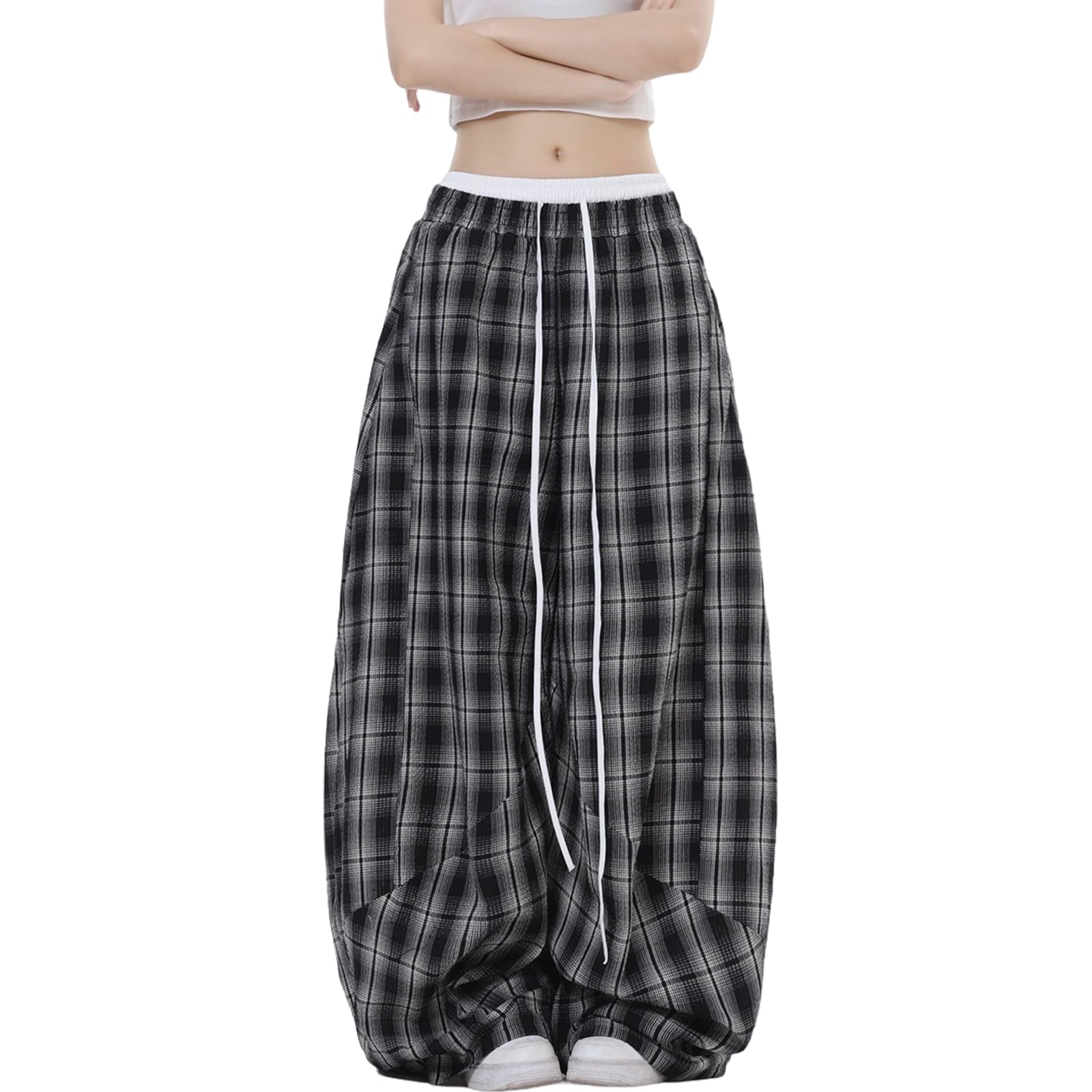 Damen Karo Locker Hose mit weitem Bein Kordelzug Elastische Taille Casual Baggy Trendige Y2K Streetwear mit Taschen