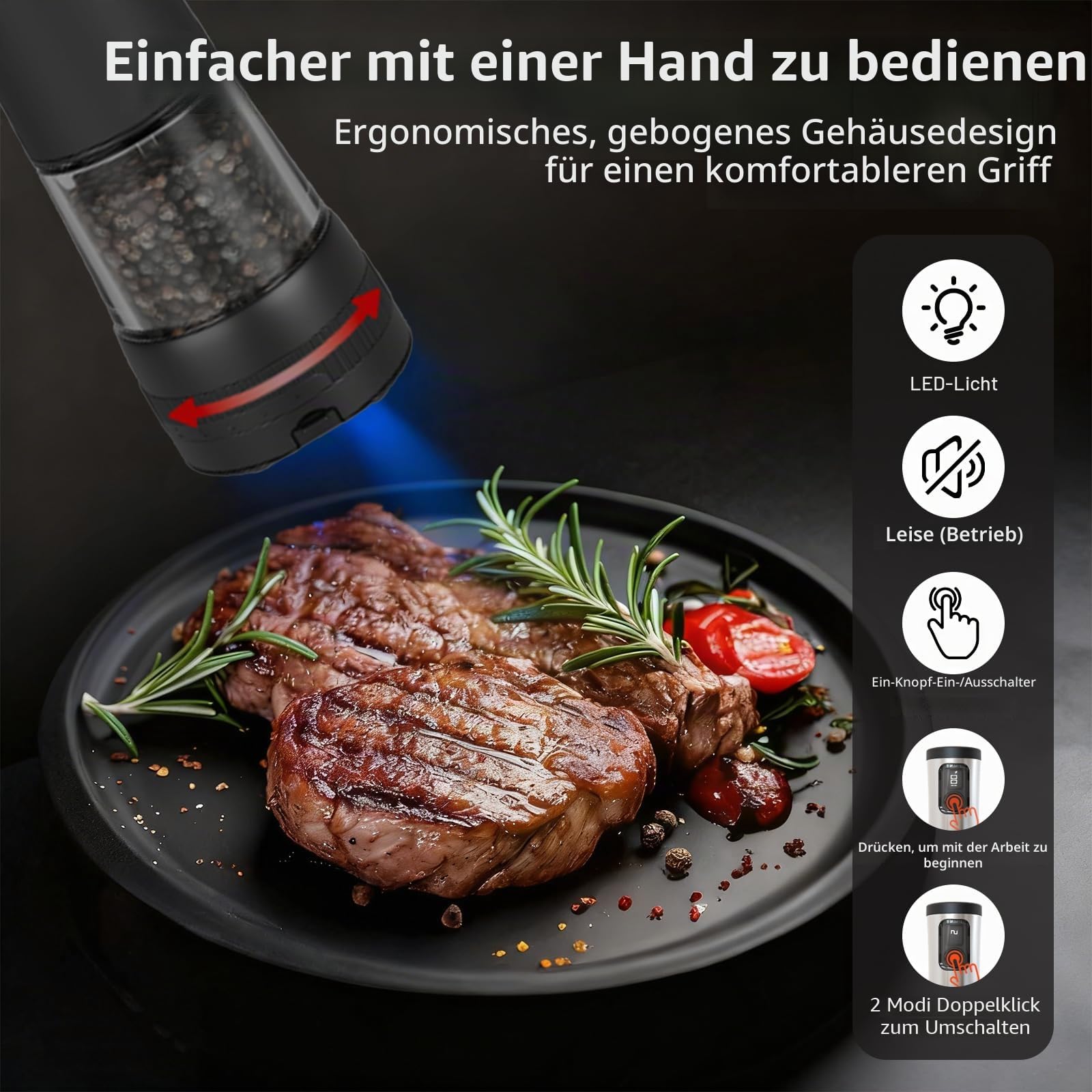 Elektrisches Salz und Pfeffermühlen Set 2-teilig, USB Wiederaufladbar mit Doppelladestation & LED-Anzeige, 95ml Fassungsvermögen, 5-stufig einstellbares Keramikmahlwerk, Küchengeschenk