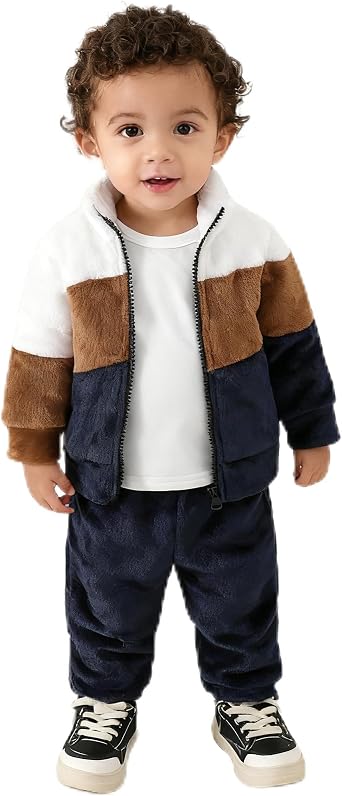 Kids Baby 3Pcs Plush Outfit Set Zip-Up High Neck Jacket Solid T Shirt Bear Embroidery Long Pants Warm Clothes