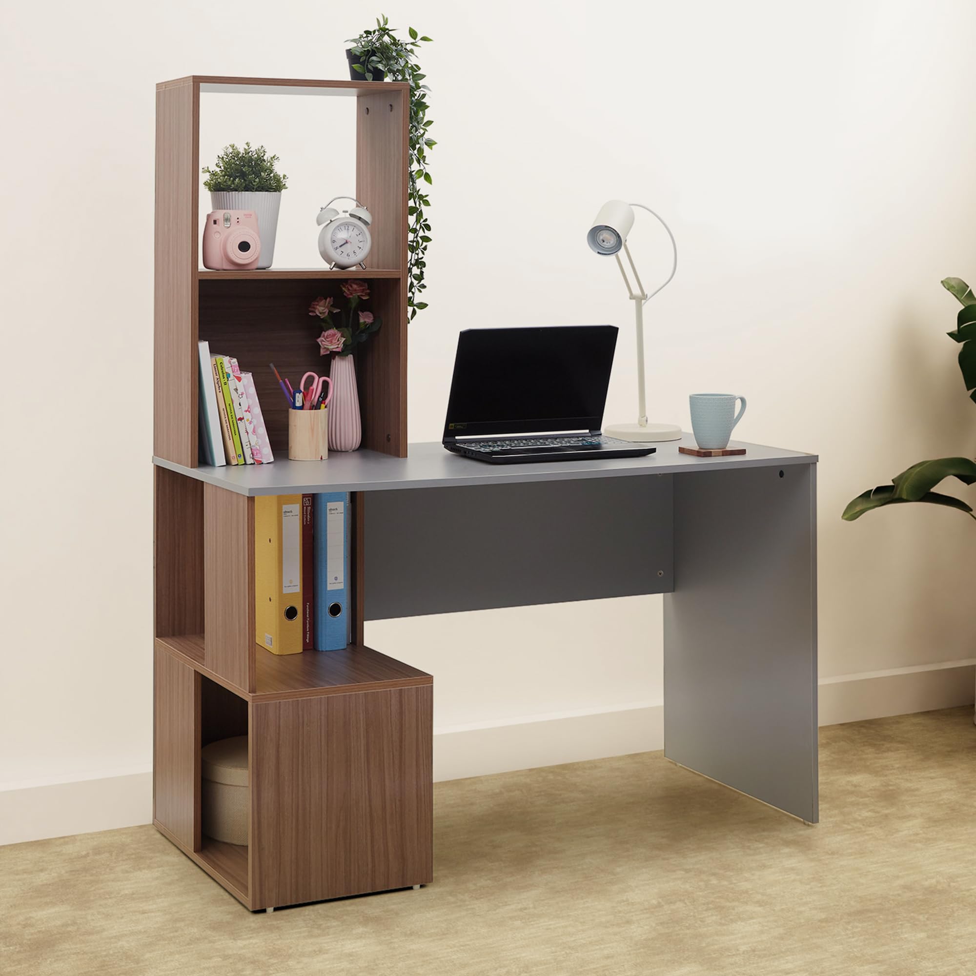 Vermont Study Table with Book Shelf, Expansive Tabletop, is 3087 Engineered Wood, Bottom Storage, Computer/Writing Desk for Home, Adults & Students, Walnut Brown & Grey, 3 Year Warranty