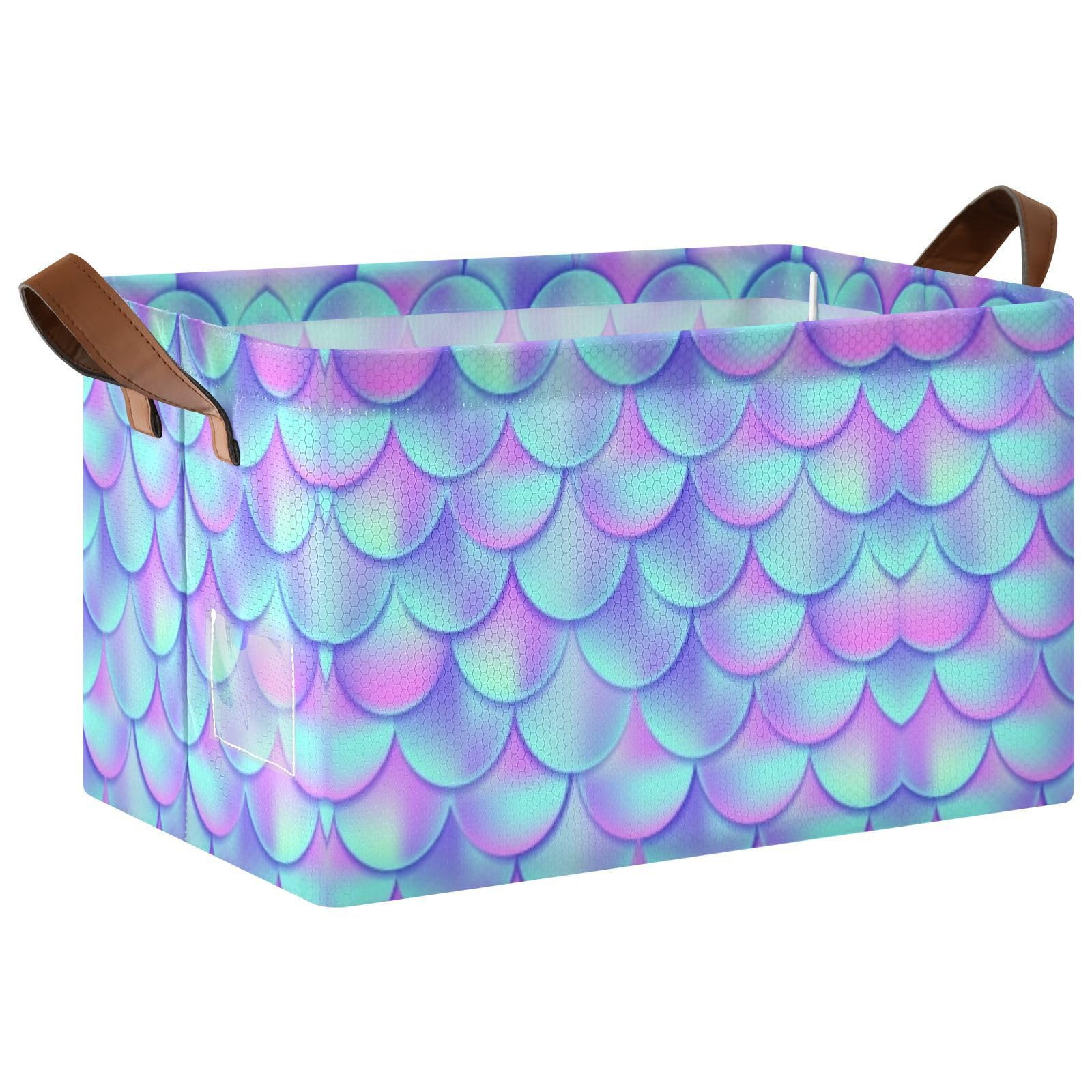 Mermaid Fish Tail Scales Purple Blue Gradient Style Fish Scales 1PC Rectangle Foldable Frame Basket Leather Handles Storage Bin for Laundry Bathroom Organizer M 16.9 x 11.4 x 10 inch
