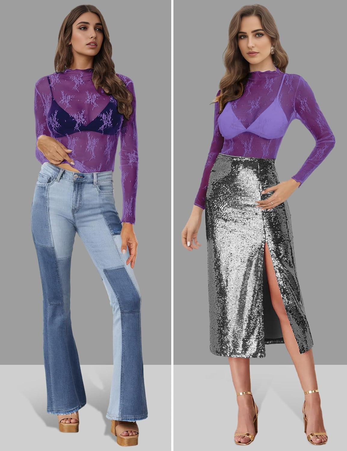 Buauty Mesh Long Sleeve Top for Women, Lace Sheer Tops See Through Mock Neck Floral Embroidery Sheer Blouce Fishnet Shirt - Image 5