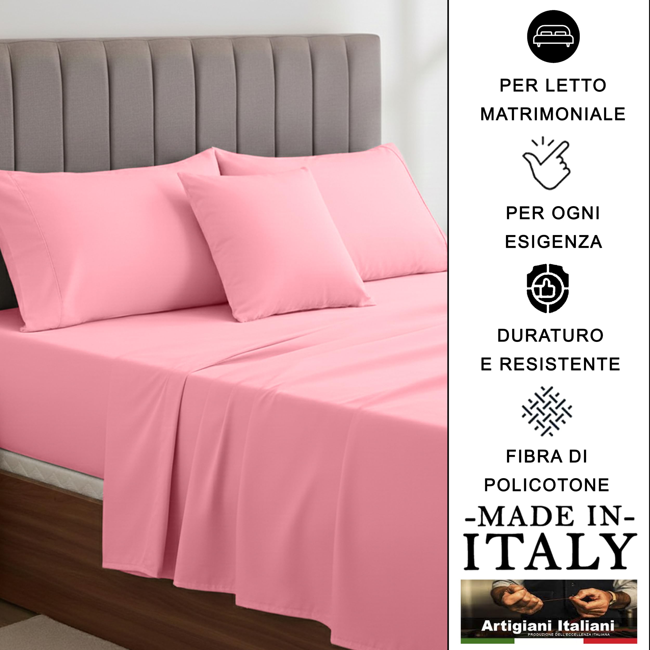 Lenzuola matrimoniali - Set letto matrimoniale completo di lenzuolo matrimoniale Sopra, Sotto con Angoli e Federe - Lenzuola matrimoniali cotone blend anallergico Made in Italy (Rosa, MATRIMONIALE)