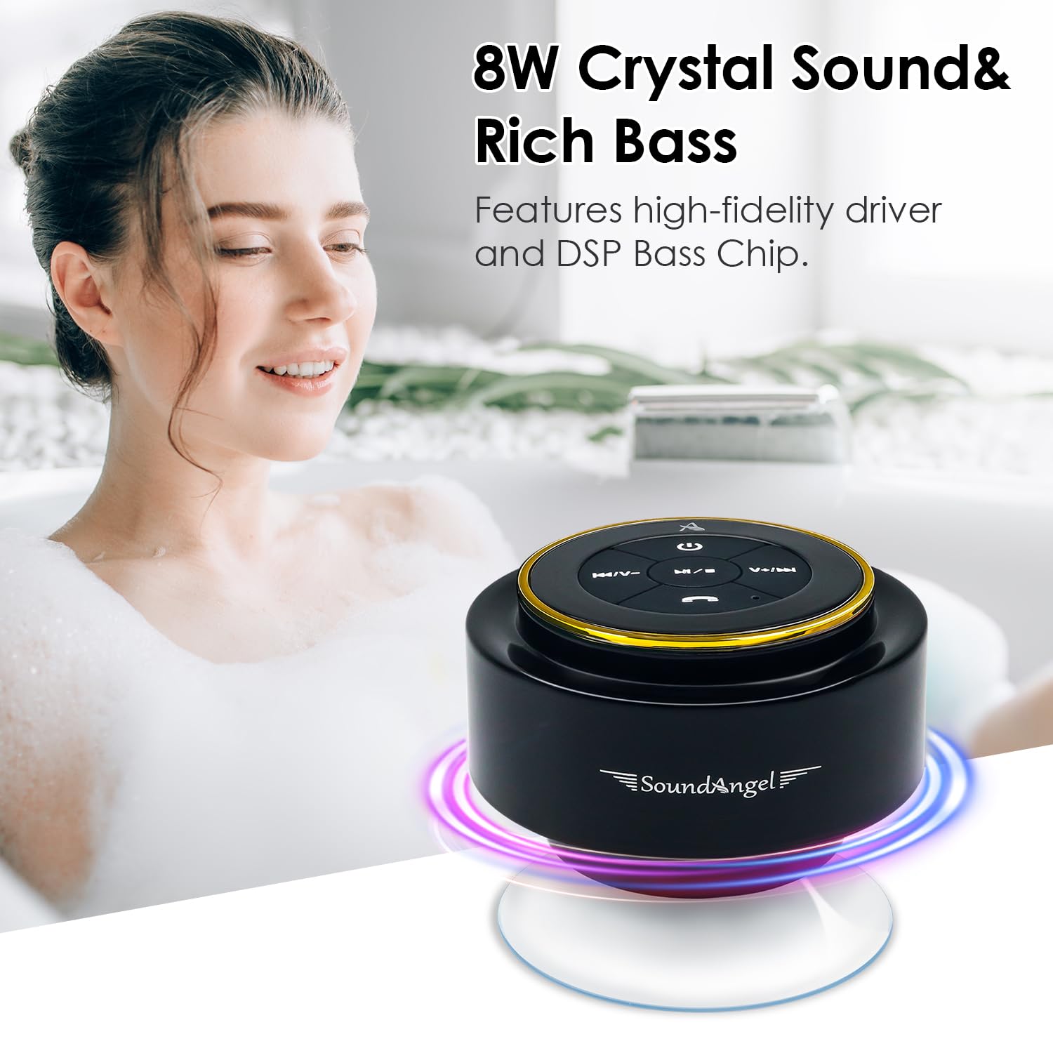XLEADER Ulepszony głośnik prysznicowy, certyfikowany wodoodporny głośnik Bluetooth IPX7 z przyssawką i klipsem haczykowym, wbudowany mikrofon, kryształowy dźwięk i bogaty bas, czas odtwarzania do 12