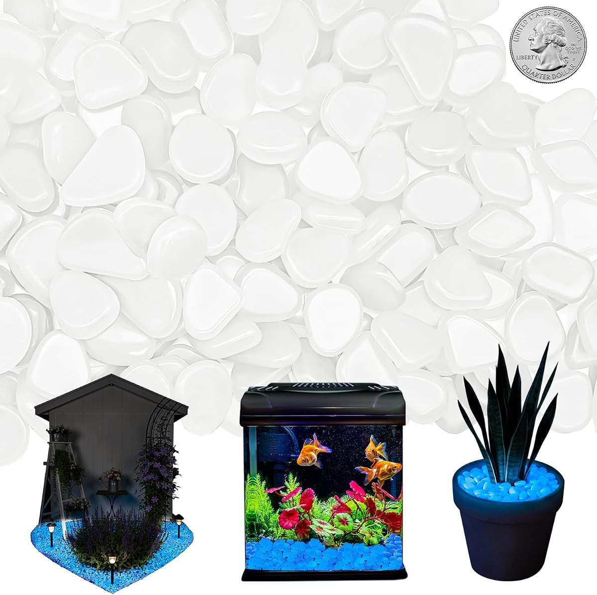 NAMTSO Decoración de jardín para exteriores con rocas blancas que brillan en la oscuridad, 500 piezas, 2.3 libras | Grandes 0.6"-1.1"/pc, guijarros brillantes de resina, piedras luminosas para paisajismo, patio, jardín, césped, acuario y decoración de peceras