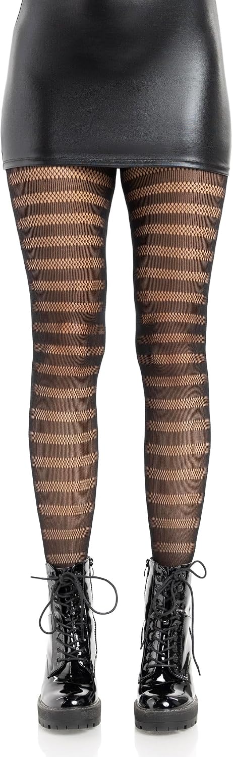 Leg Avenue Striped Fishnet Tights, Alt Fashion Hosiery with Stripes, Black, One Size