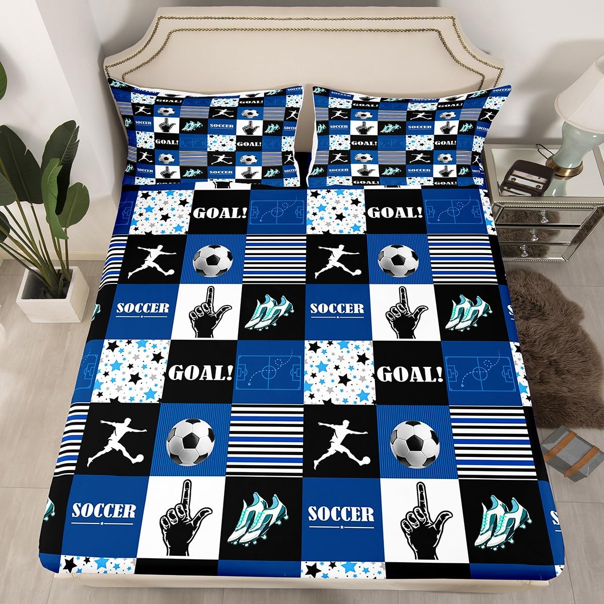 Soccer Full Size Fitted Sheet,Fashion Football Game Sports Lovers 3 Pieces Kids Teenager Room Decor Chic Navy Black Stars Stripes Plaids Patchwork Pocket 2 Pillowcases