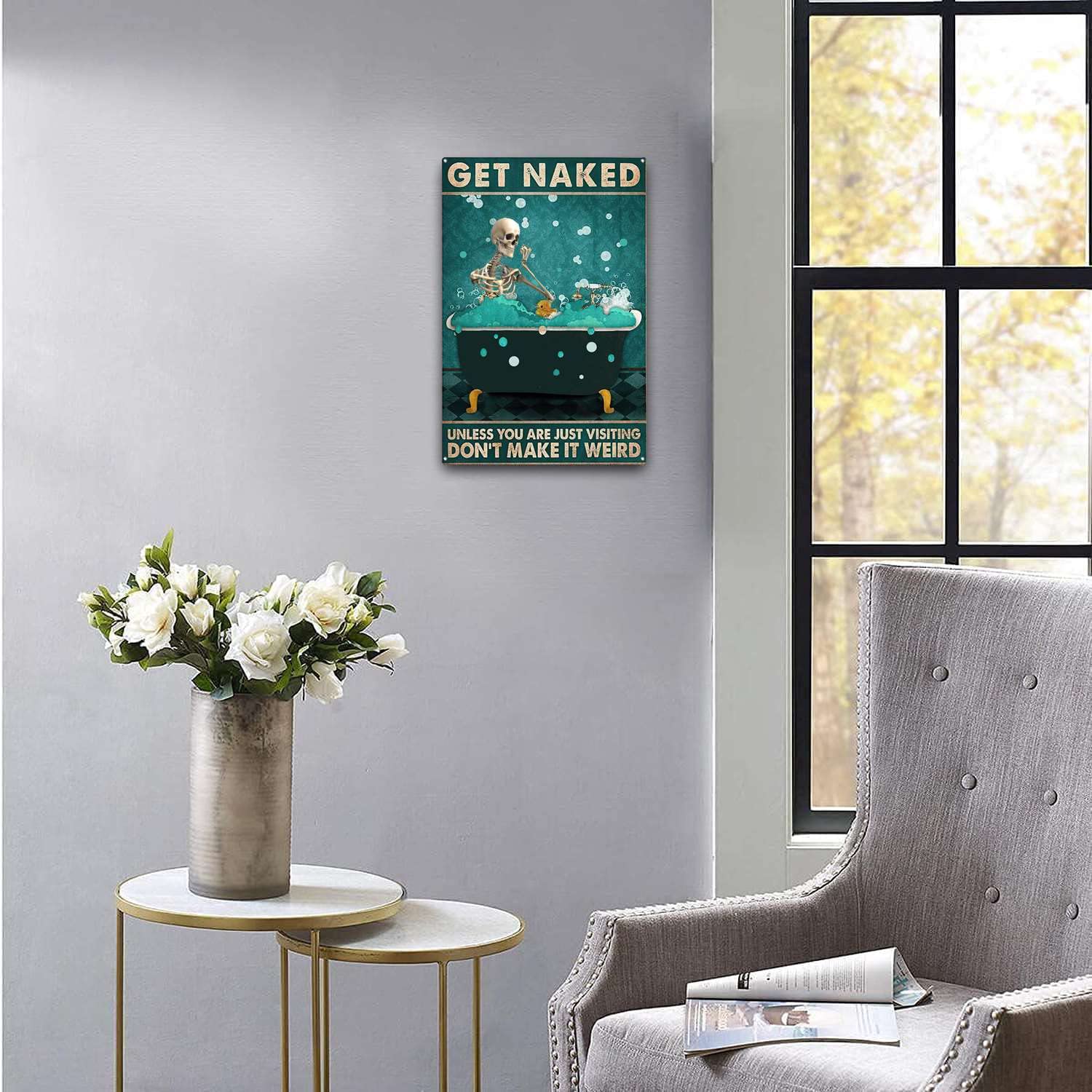 Targa In Latta Vintage 'Get Naked Unless You Are Just Visiting' - Cartello Metallico Divertente 30x20 Cm Per Arredamento Casa, Bagno, Bar, Officina